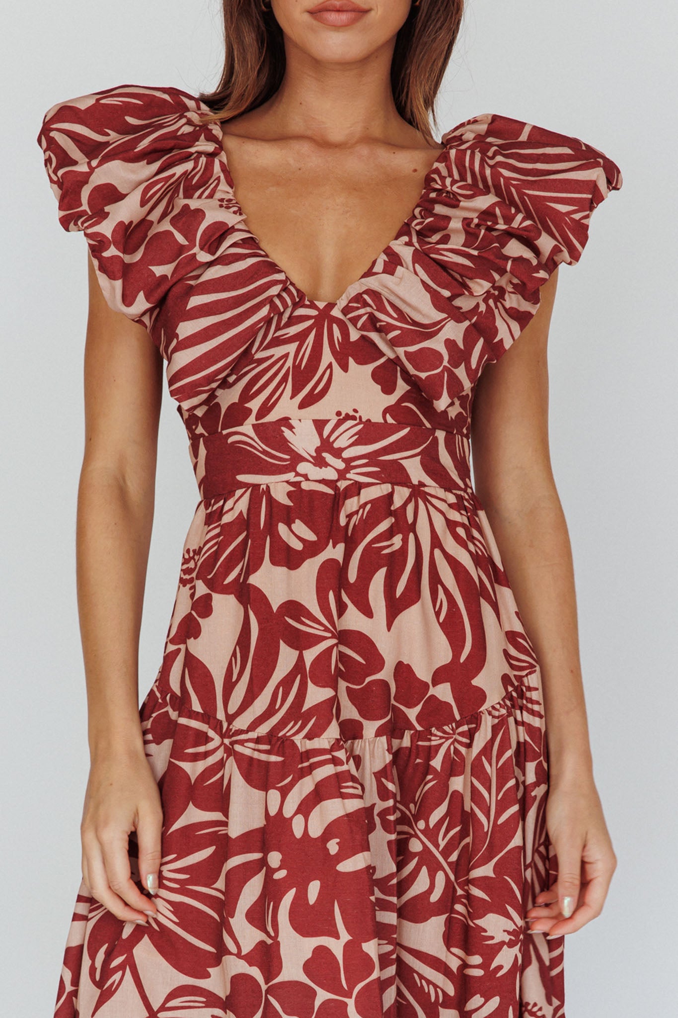 Kahlo Puffed Ruffle Neckline Maxi Dress Print Flame-Maymioy