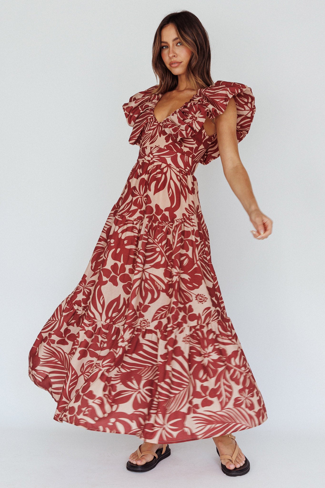 Kahlo Puffed Ruffle Neckline Maxi Dress Print Flame-Maymioy