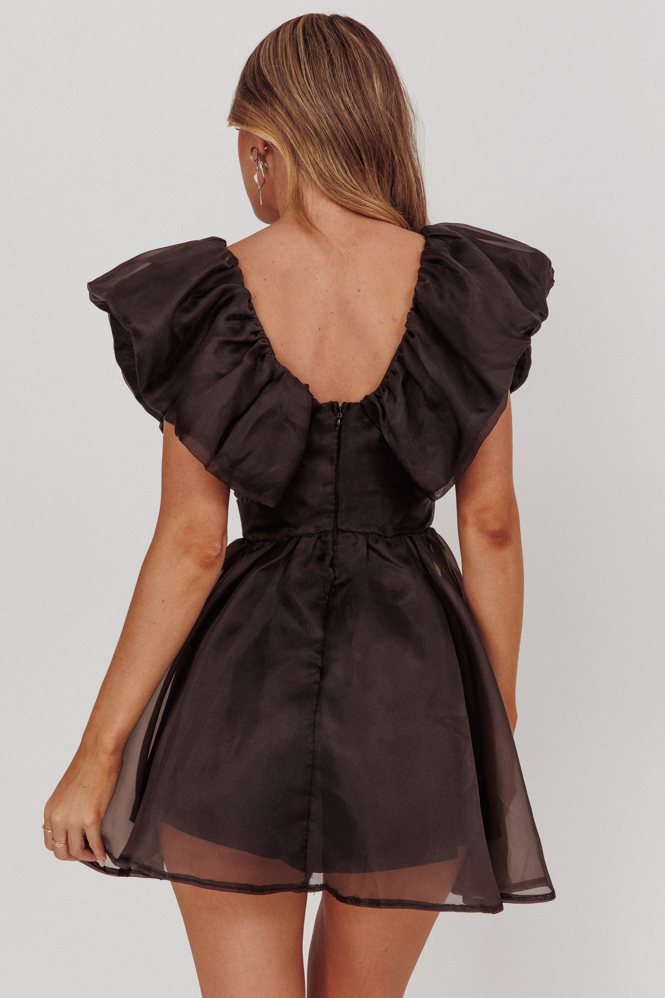 Kahlo Ruffle Neckline Mini Dress Black-Maymioy