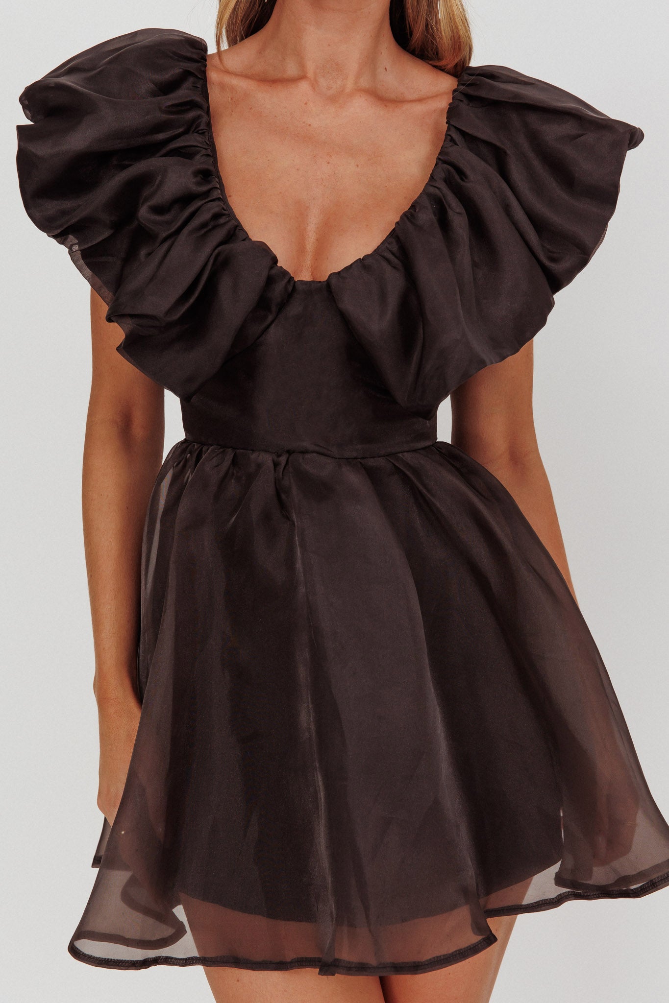 Kahlo Ruffle Neckline Mini Dress Black-Maymioy
