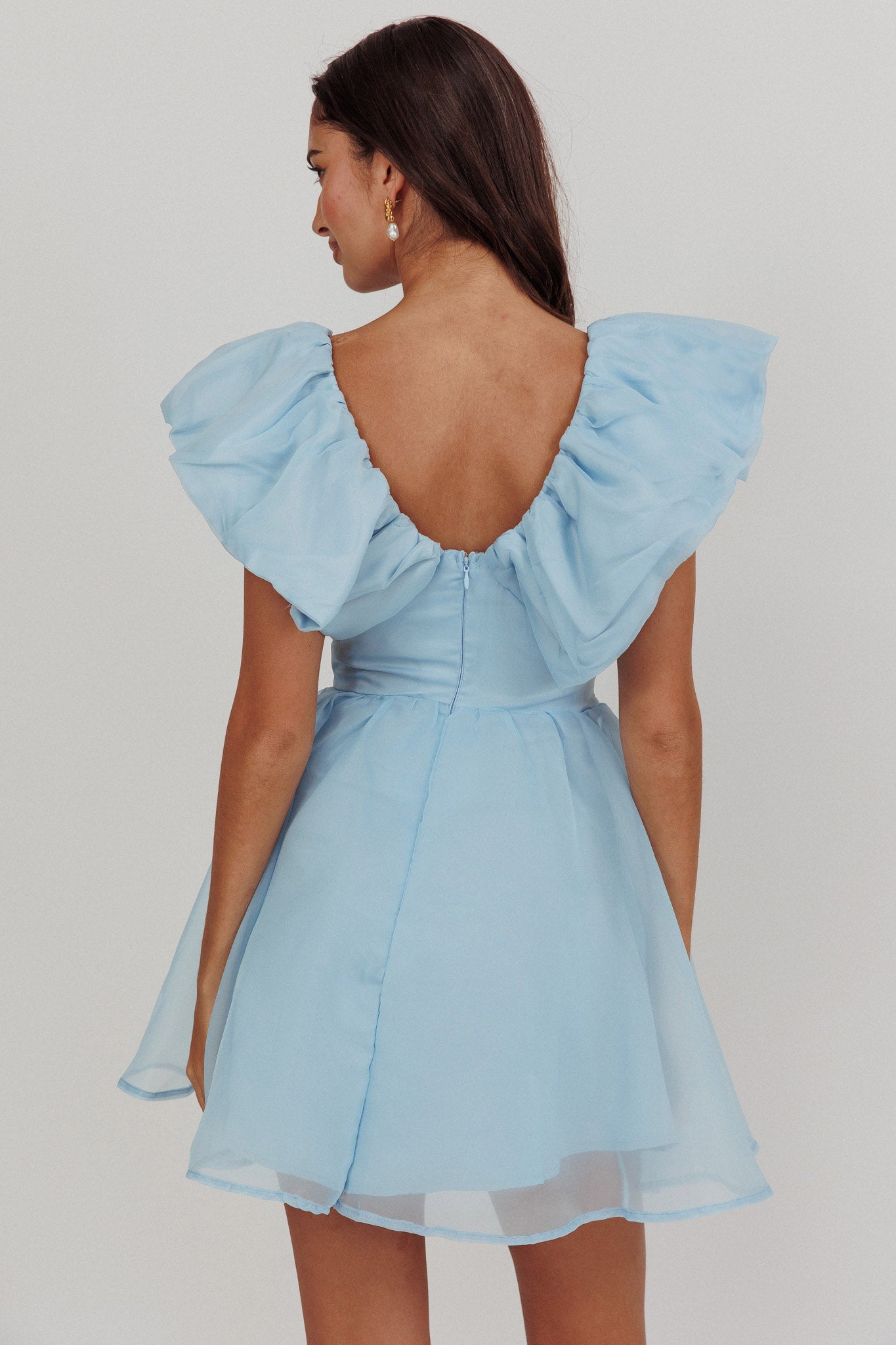Kahlo Ruffle Neckline Mini Dress Blue-Maymioy