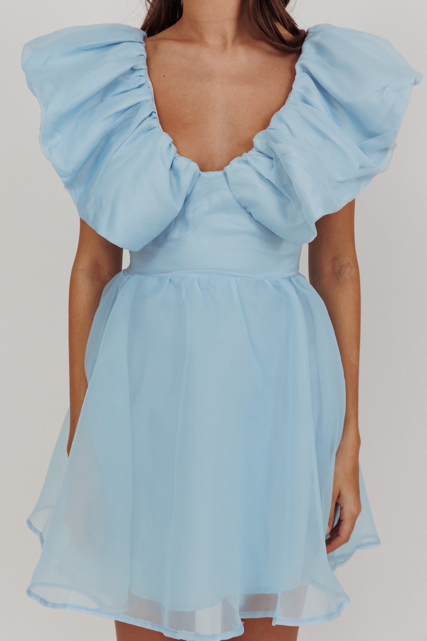 Kahlo Ruffle Neckline Mini Dress Blue-Maymioy