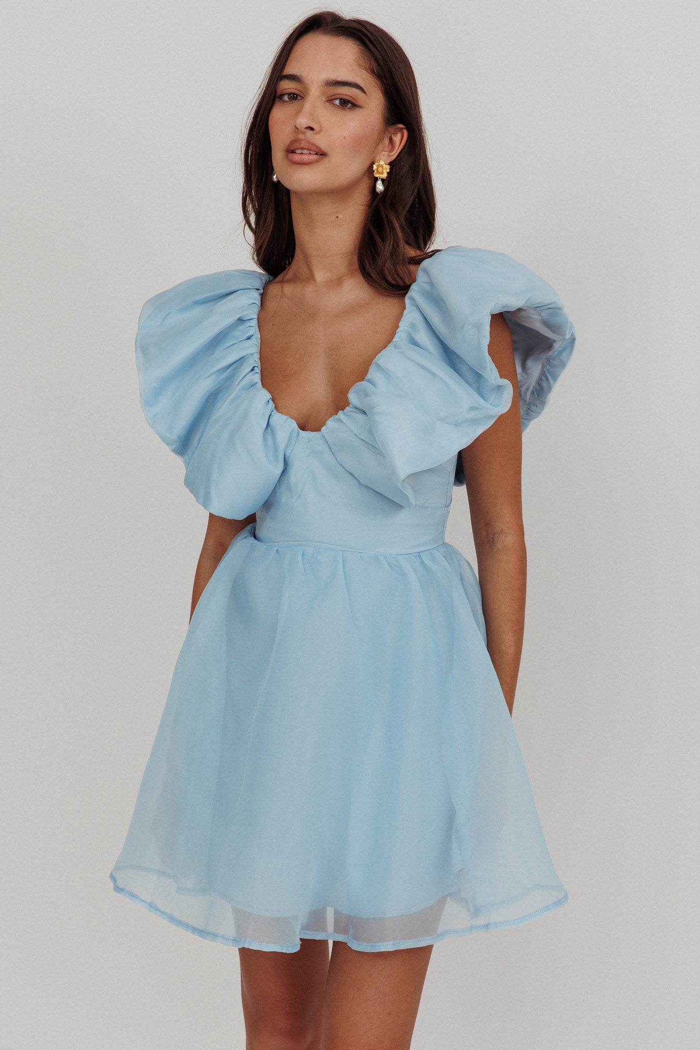 Kahlo Ruffle Neckline Mini Dress Blue-Maymioy