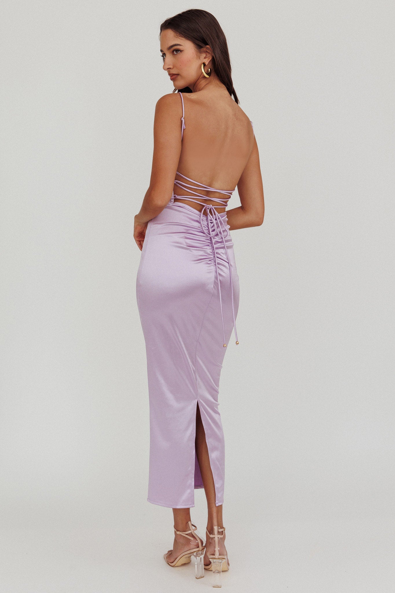 Seraya Lace-Up Back Satin Maxi Dress Lilac-Maymioy