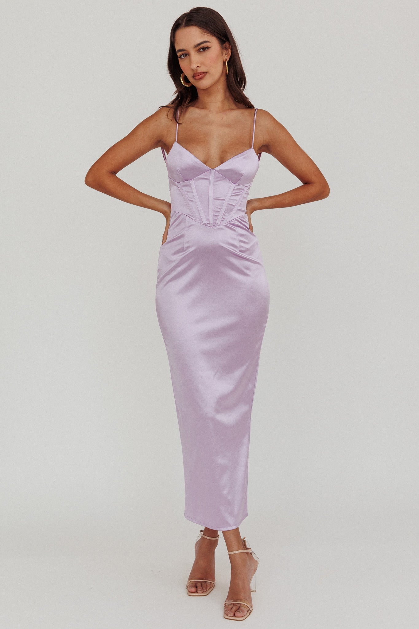 Seraya Lace-Up Back Satin Maxi Dress Lilac-Maymioy