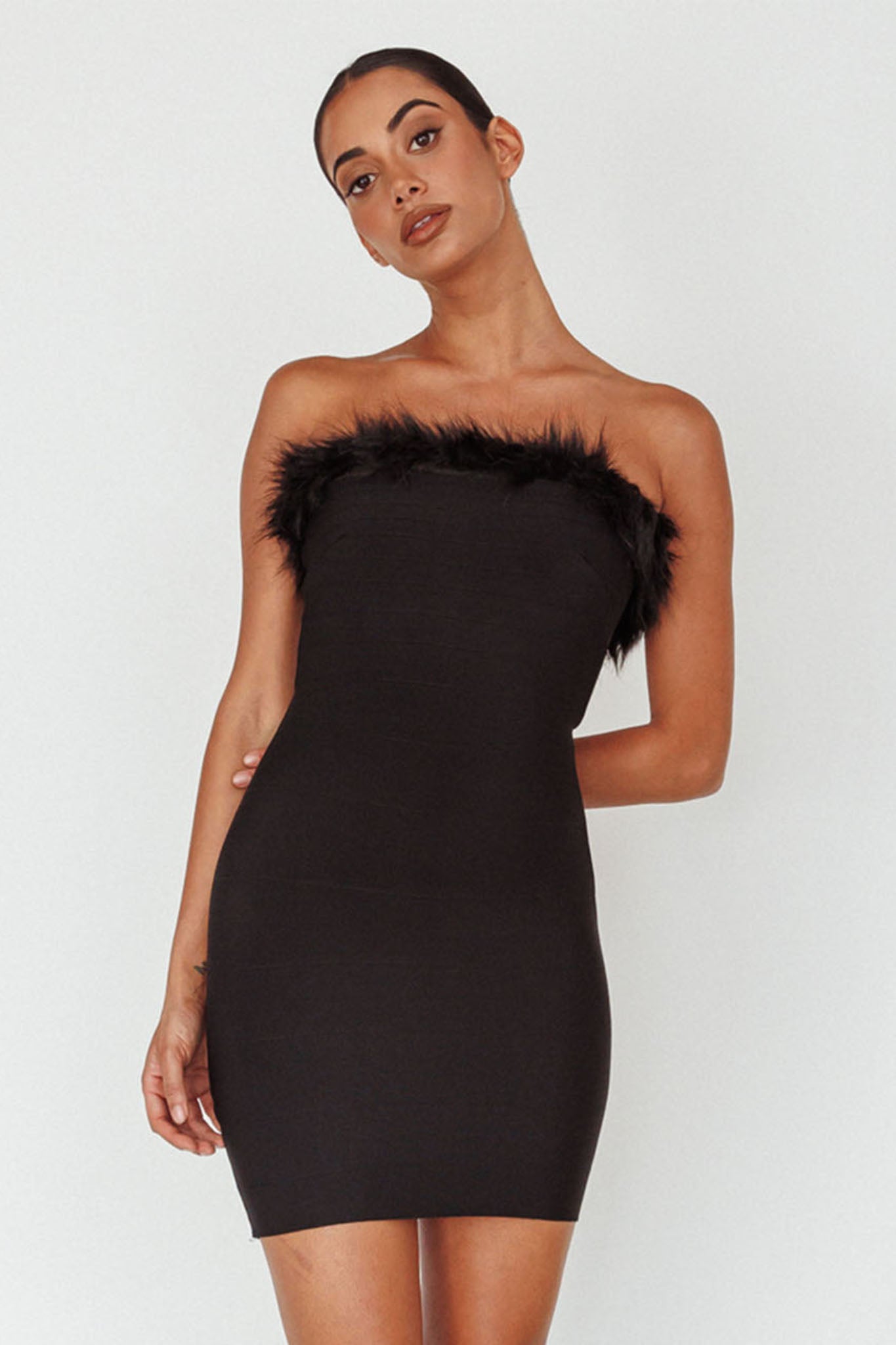 Cherri Fur Trim Mini Dress Electric Black-Maymioy