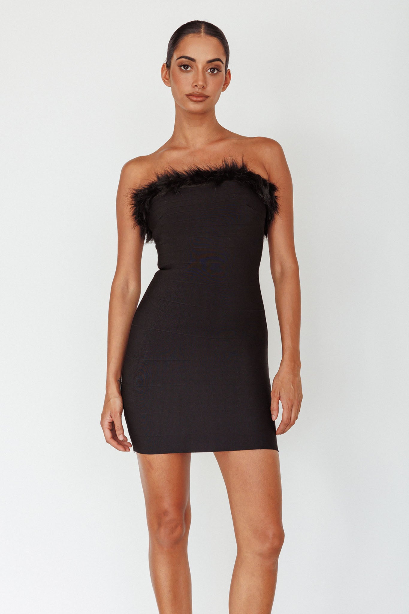 Cherri Fur Trim Mini Dress Electric Black-Maymioy
