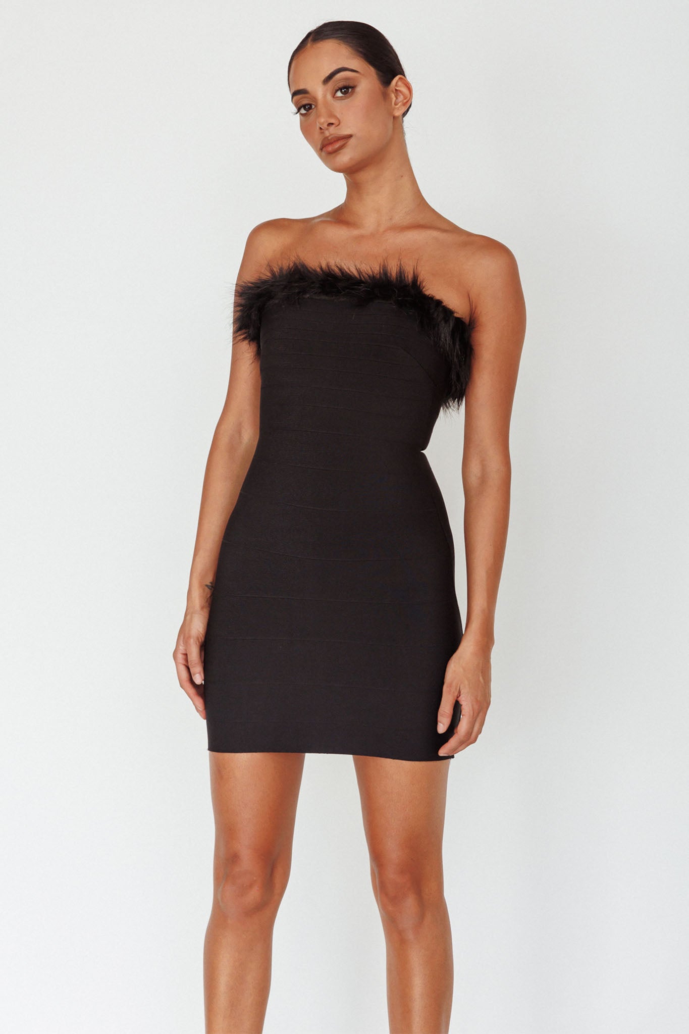 Cherri Fur Trim Mini Dress Electric Black-Maymioy