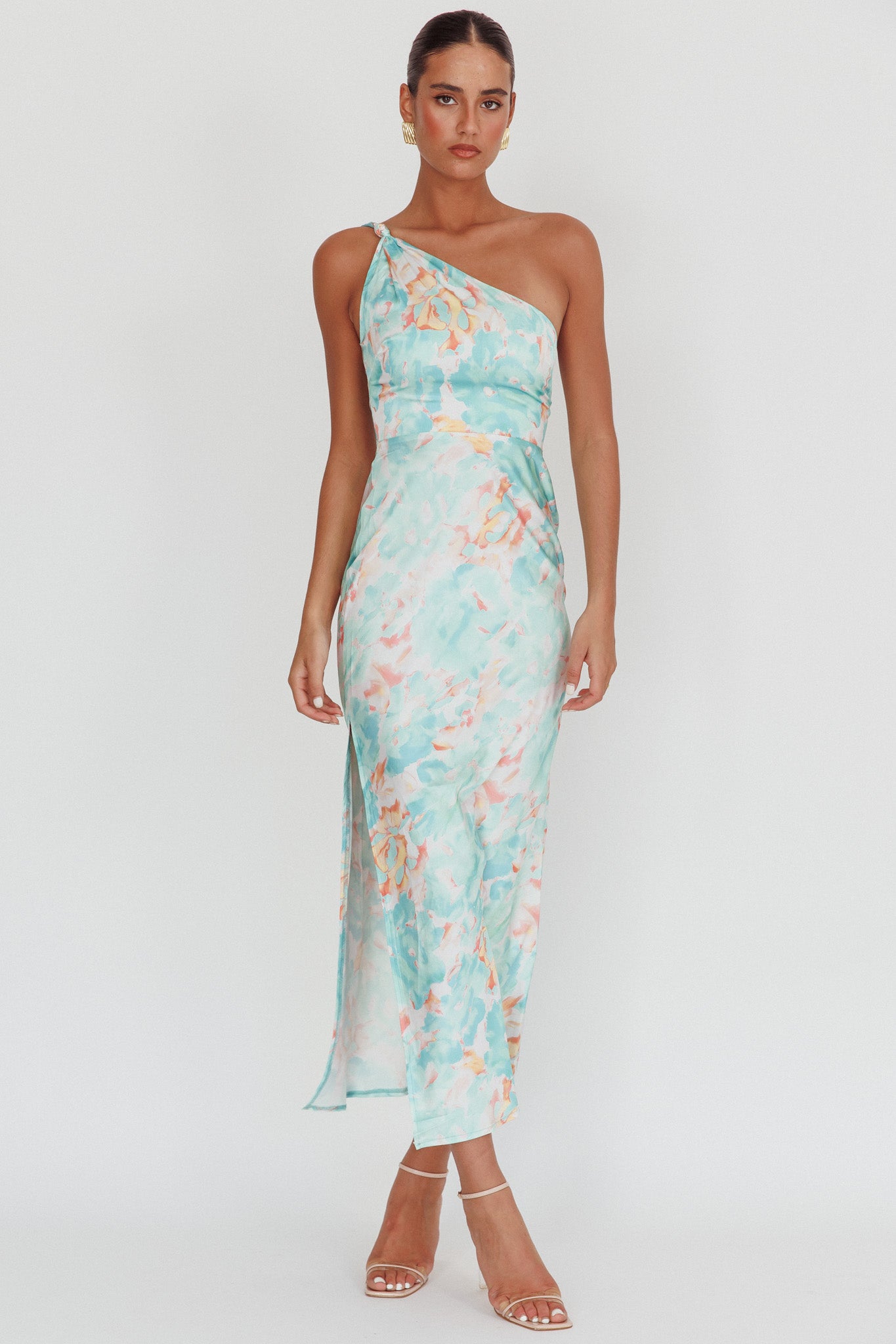 Portland One-Shoulder Maxi Dress Floral Mint-Maymioy