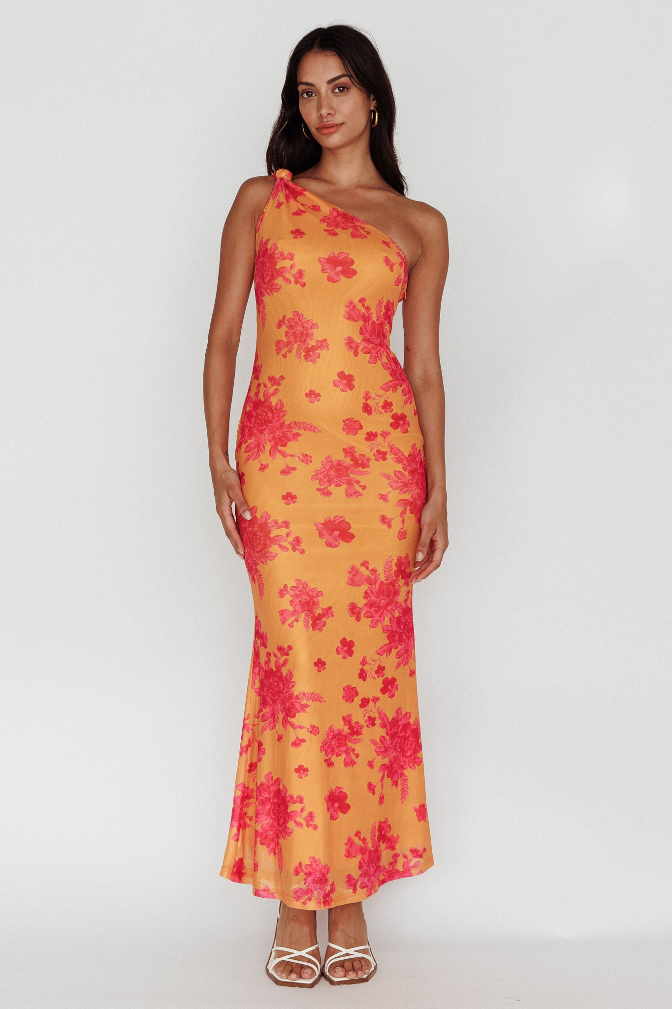 Portland One-Shoulder Jersey Maxi Dress Floral Orange-Maymioy