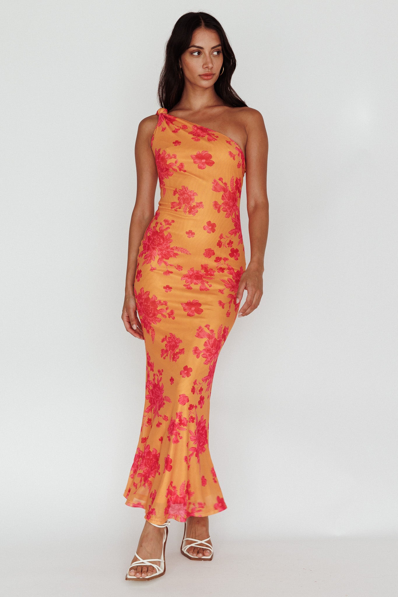 Portland One-Shoulder Jersey Maxi Dress Floral Orange-Maymioy