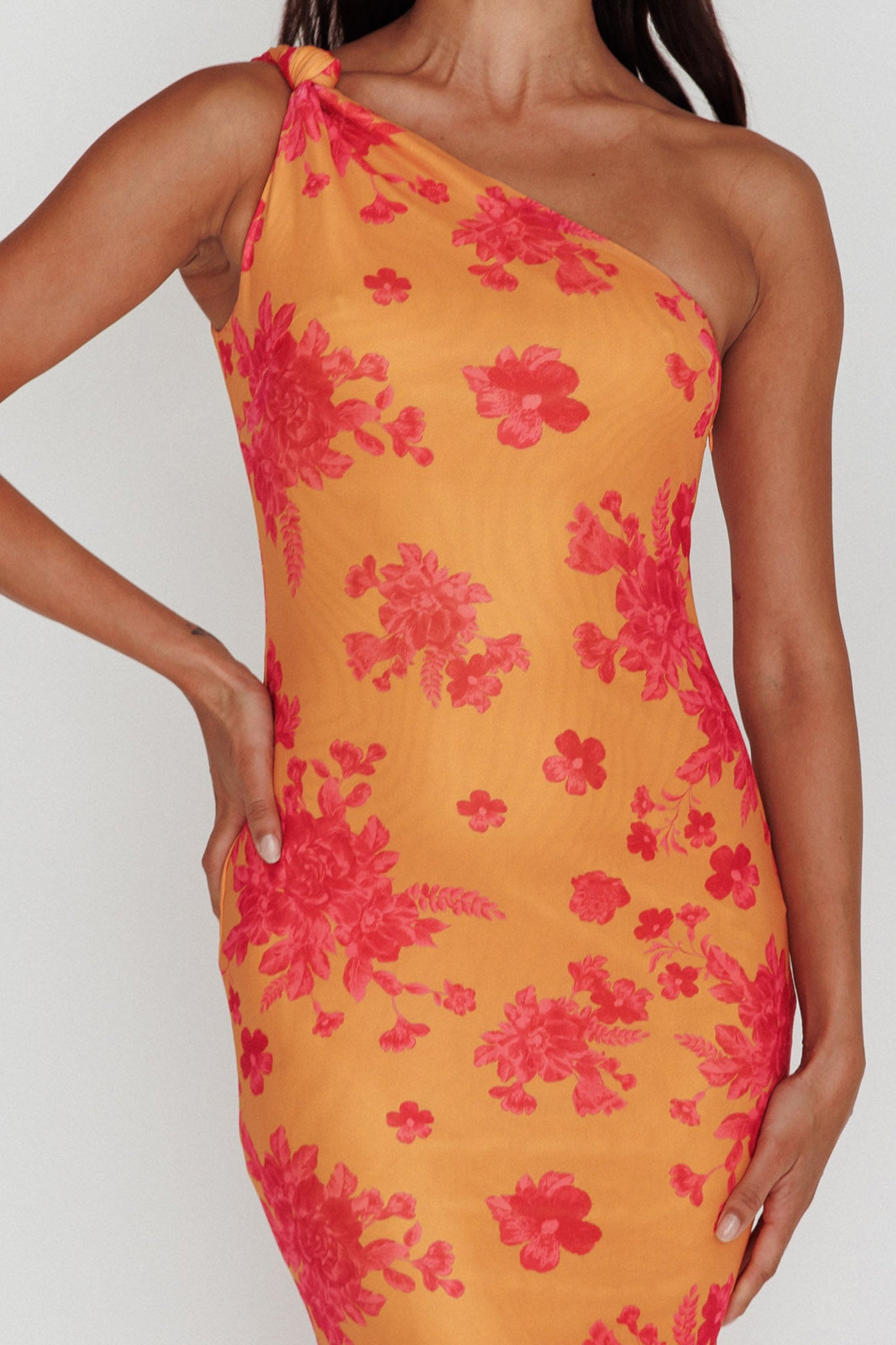 Portland One-Shoulder Jersey Maxi Dress Floral Orange-Maymioy