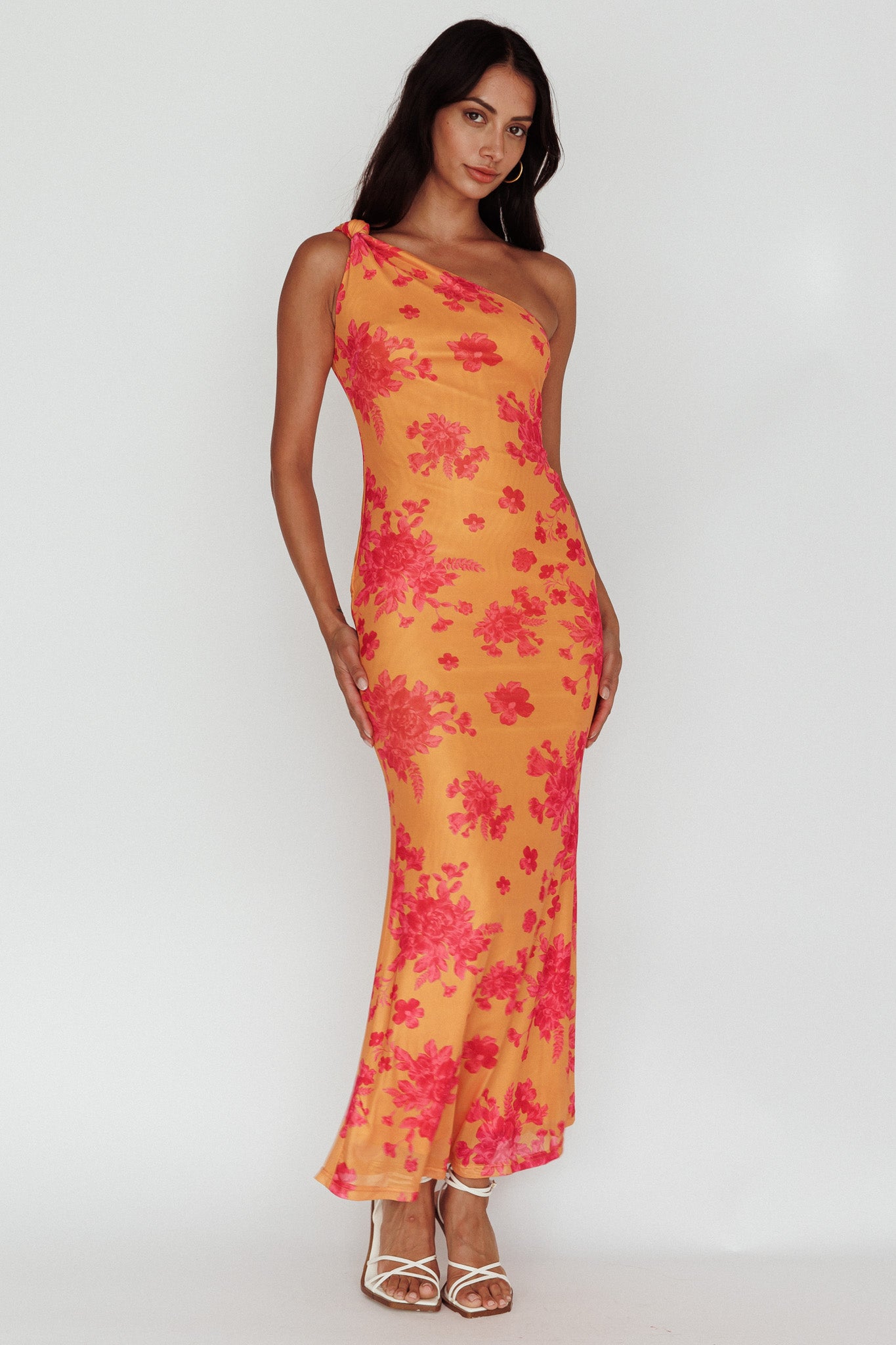 Portland One-Shoulder Jersey Maxi Dress Floral Orange-Maymioy