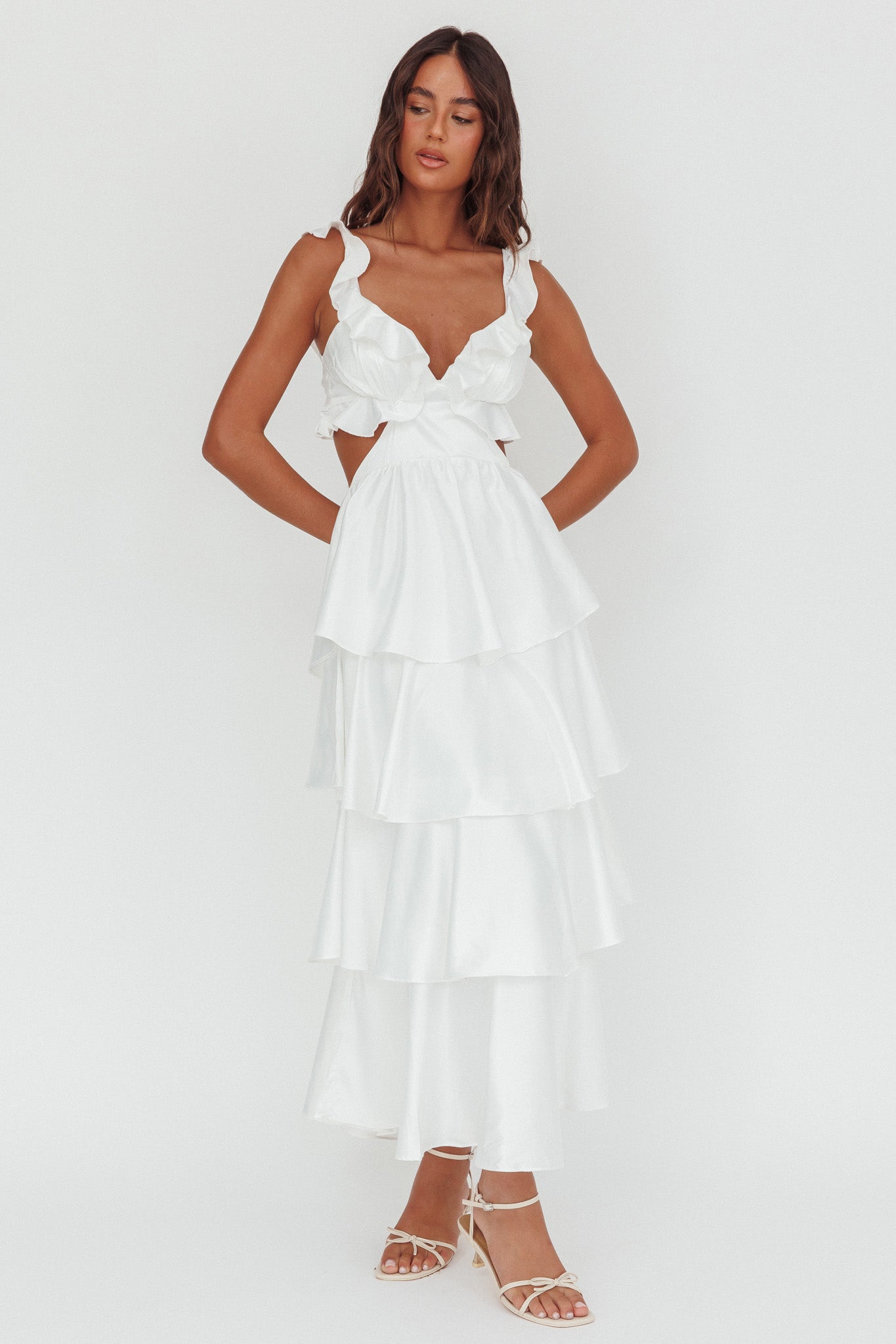 Catalina Tiered Ruffle Cut-Out Maxi Dress White-Maymioy