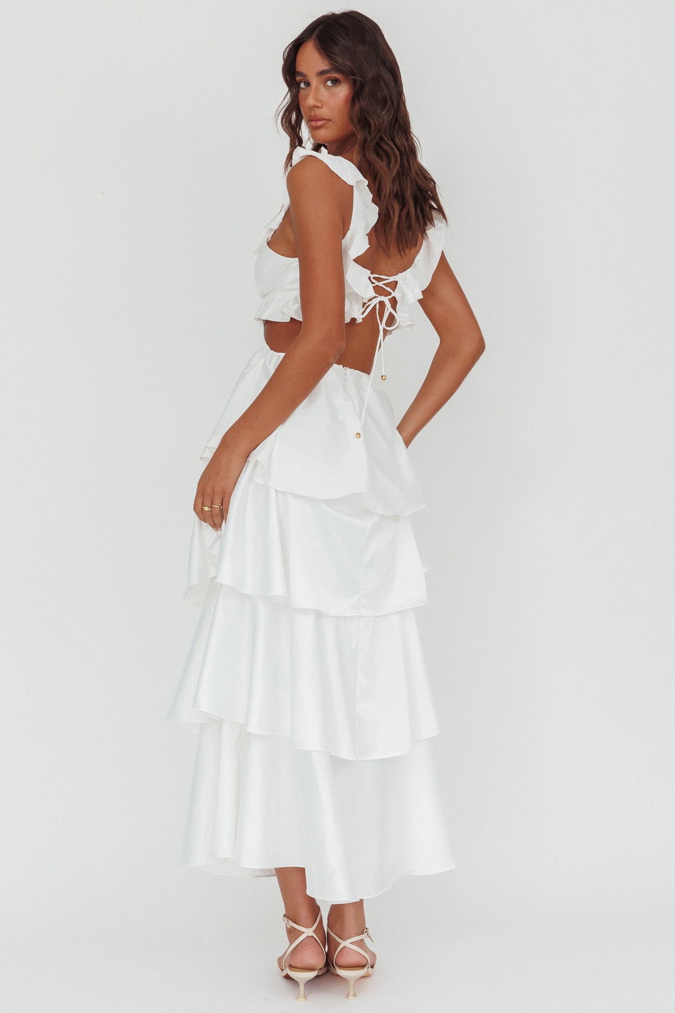 Catalina Tiered Ruffle Cut-Out Maxi Dress White-Maymioy