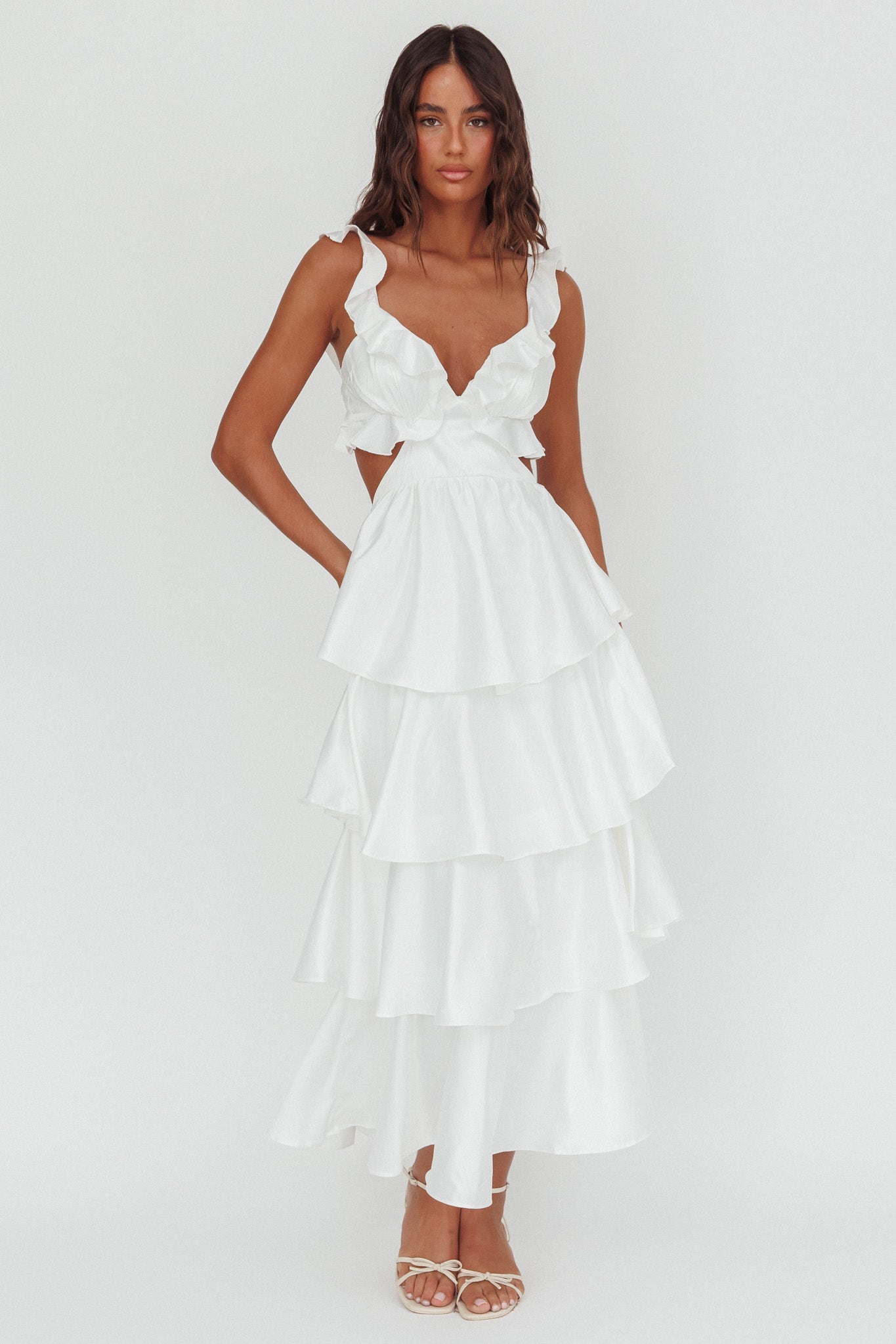 Catalina Tiered Ruffle Cut-Out Maxi Dress White-Maymioy