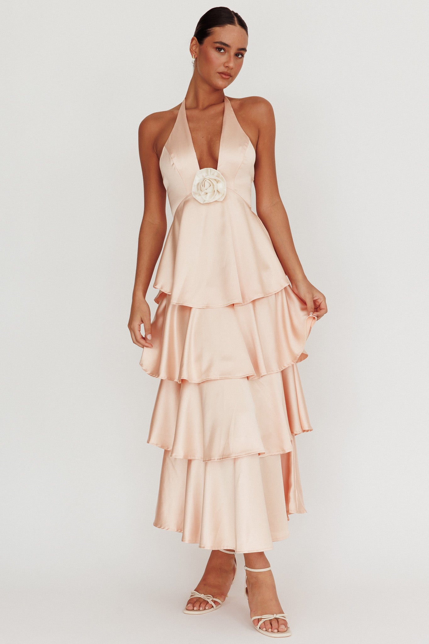 Catalina Tiered Ruffle Rosette Maxi Dress Peach-Maymioy