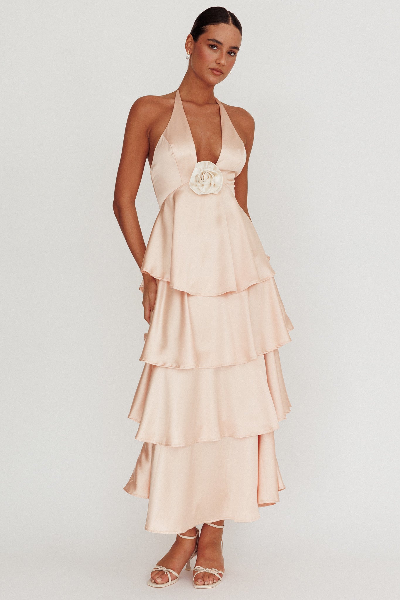Catalina Tiered Ruffle Rosette Maxi Dress Peach-Maymioy
