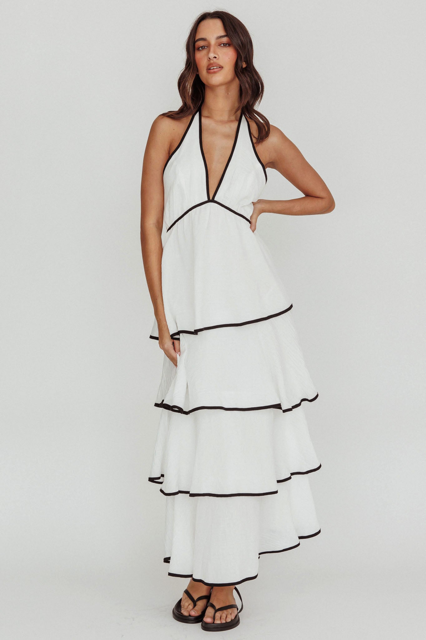 Catalina Tiered Ruffle Maxi Dress White/Black-Maymioy
