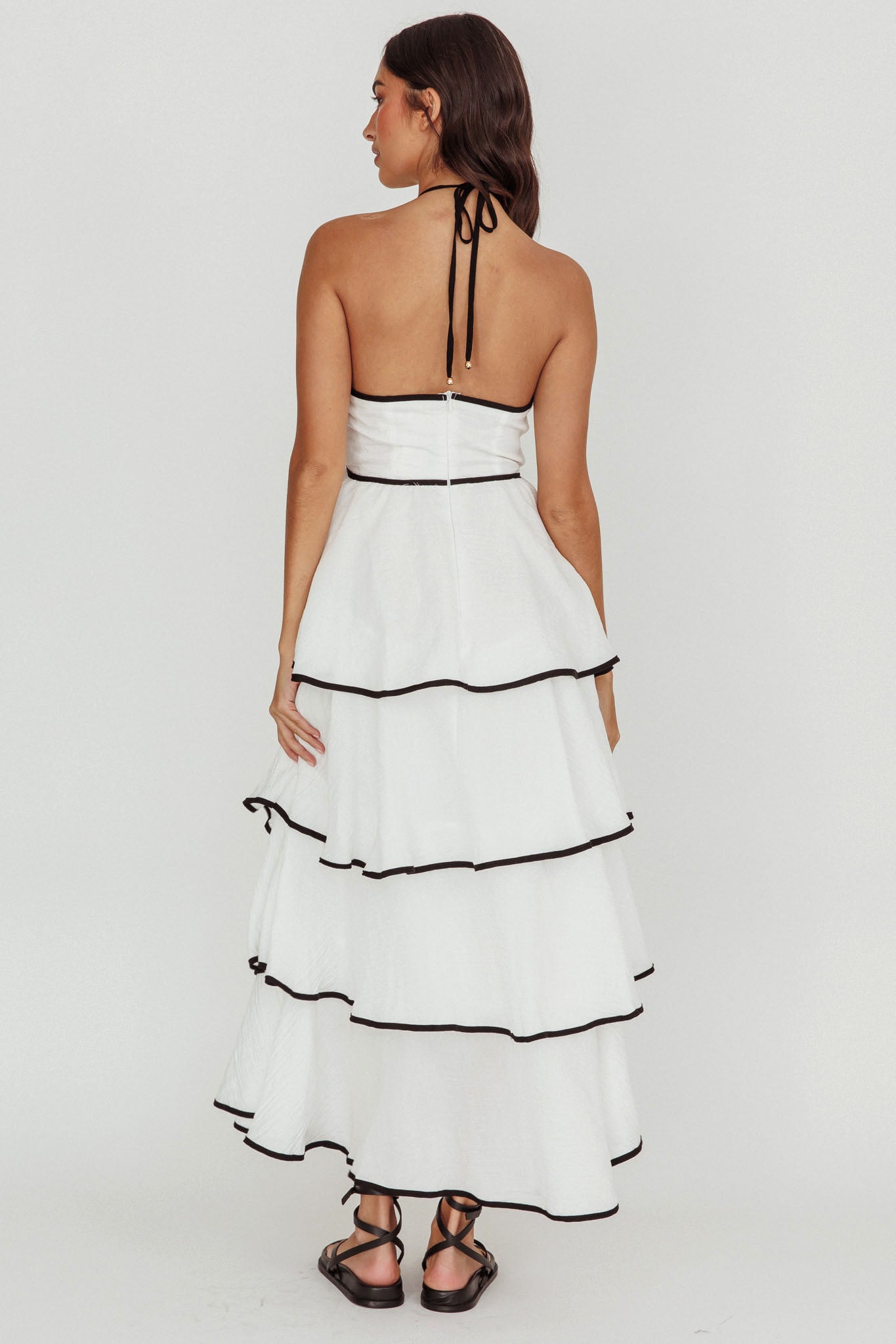 Catalina Tiered Ruffle Maxi Dress White/Black-Maymioy