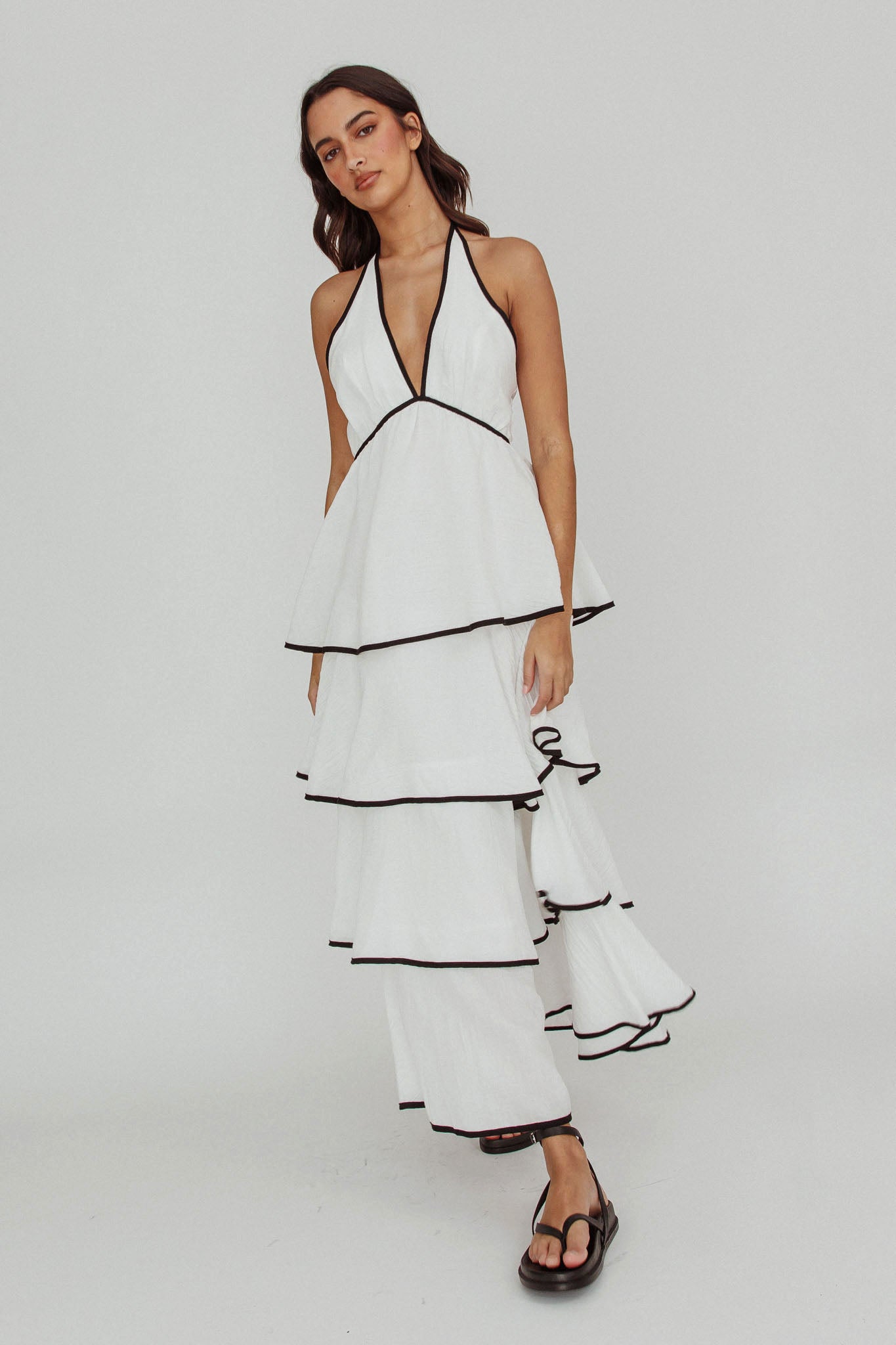 Catalina Tiered Ruffle Maxi Dress White/Black-Maymioy