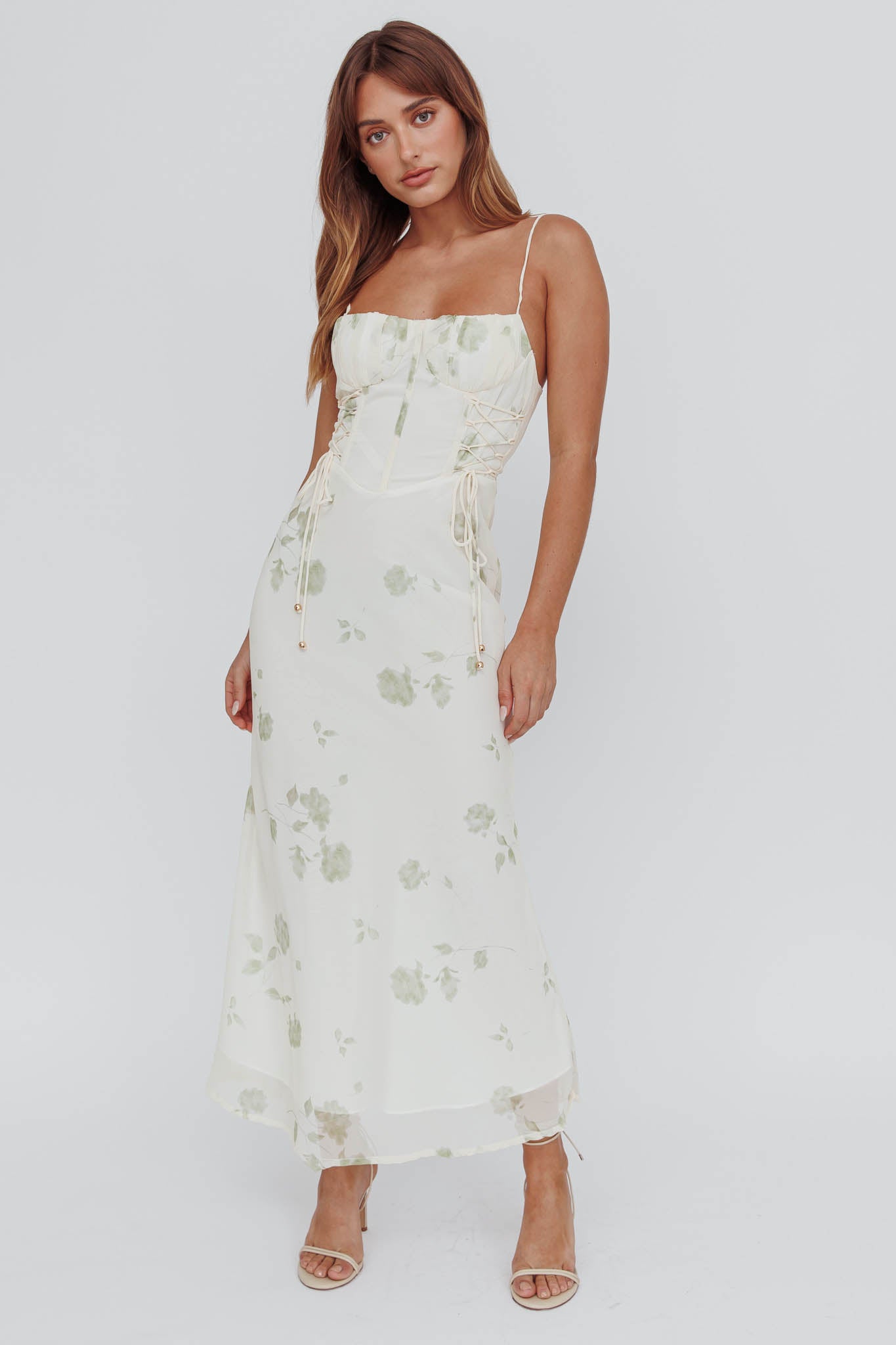 Graziella Laced Corset Midi Dress Floral Green-Maymioy