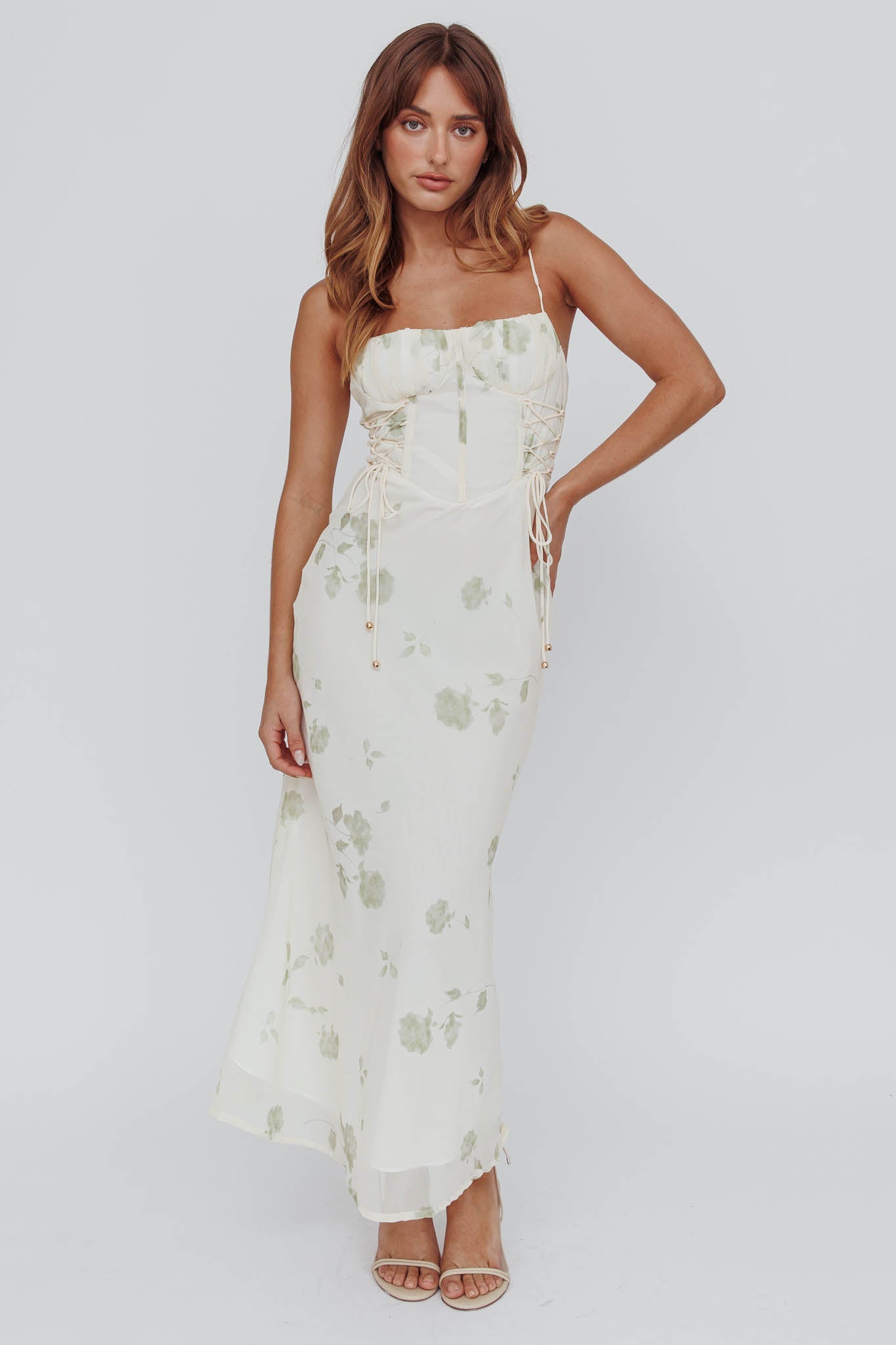 Graziella Laced Corset Midi Dress Floral Green-Maymioy