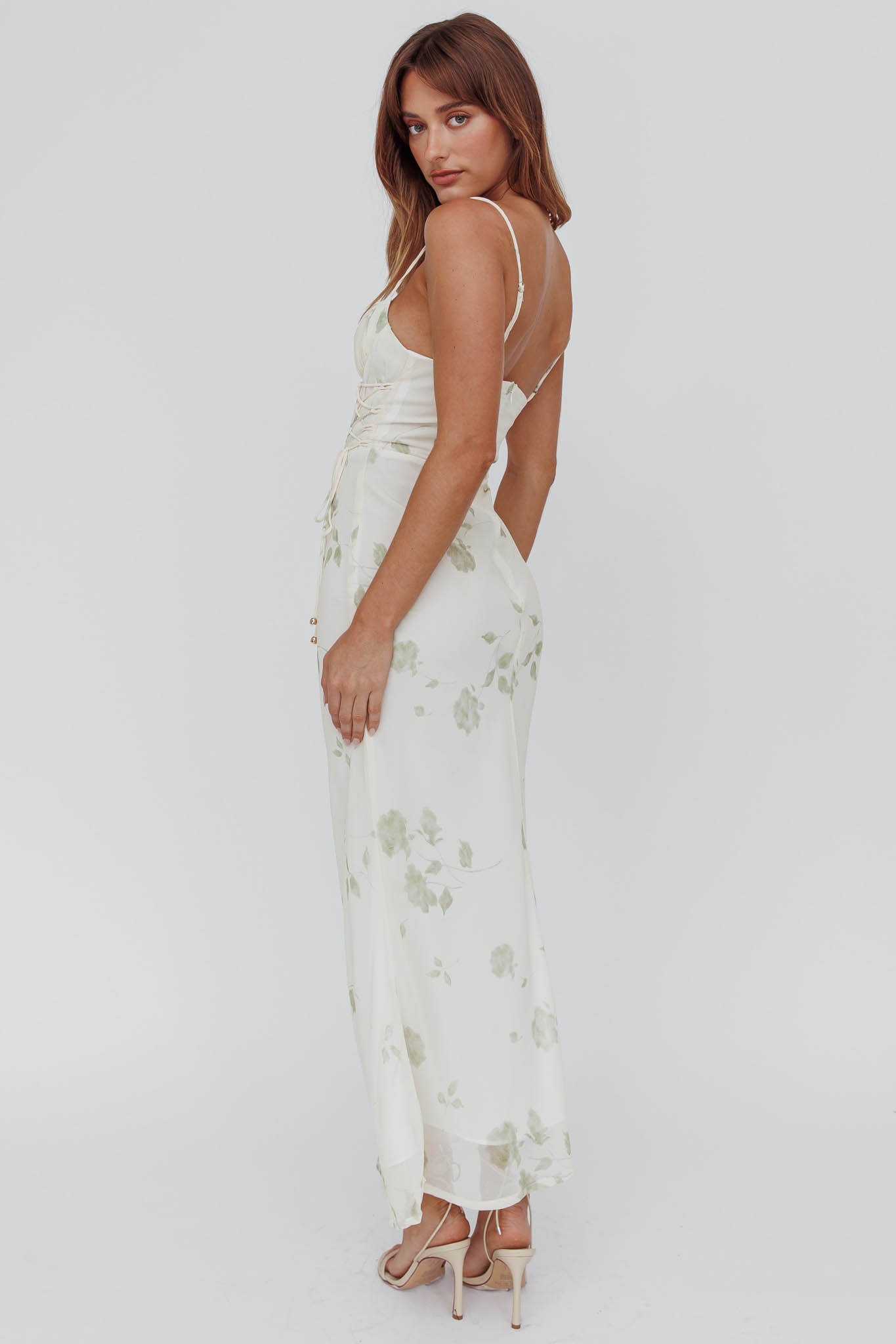 Graziella Laced Corset Midi Dress Floral Green-Maymioy