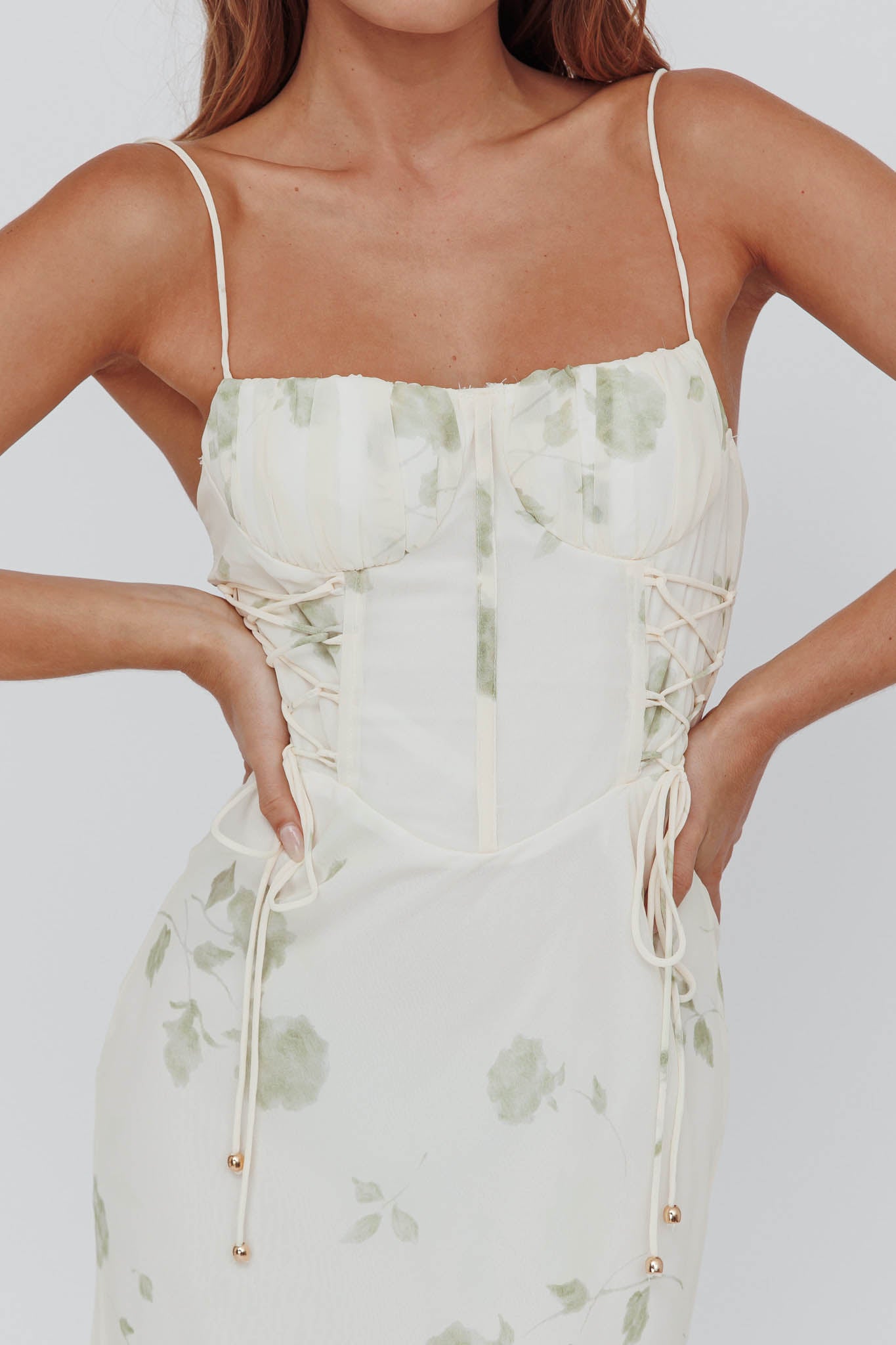 Graziella Laced Corset Midi Dress Floral Green-Maymioy