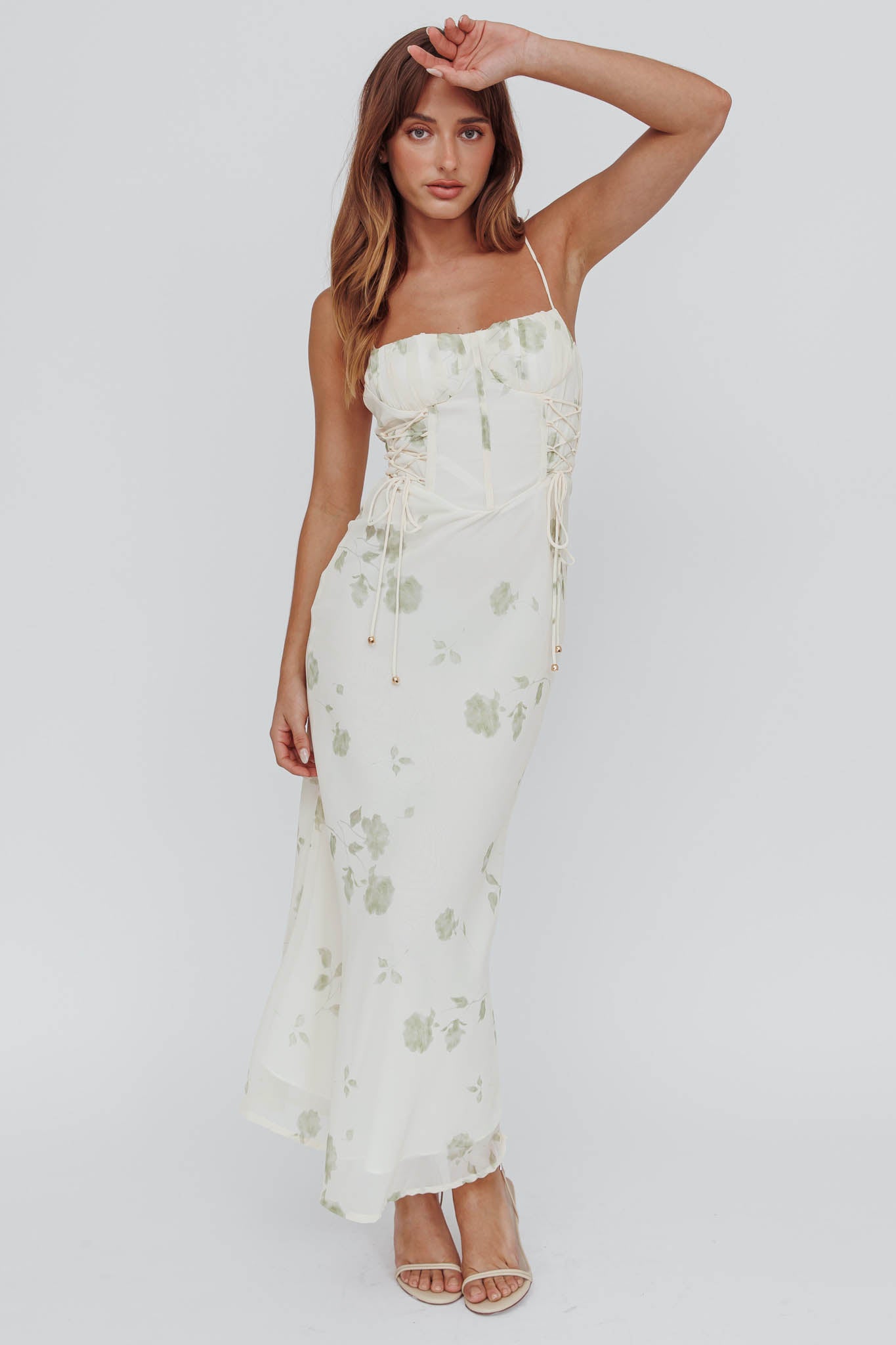 Graziella Laced Corset Midi Dress Floral Green-Maymioy