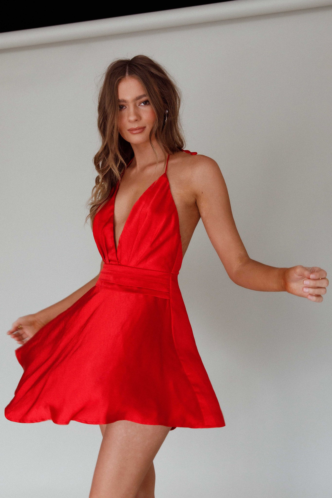 Bella Notte Plunging A-Line Mini Dress Cherry-Maymioy