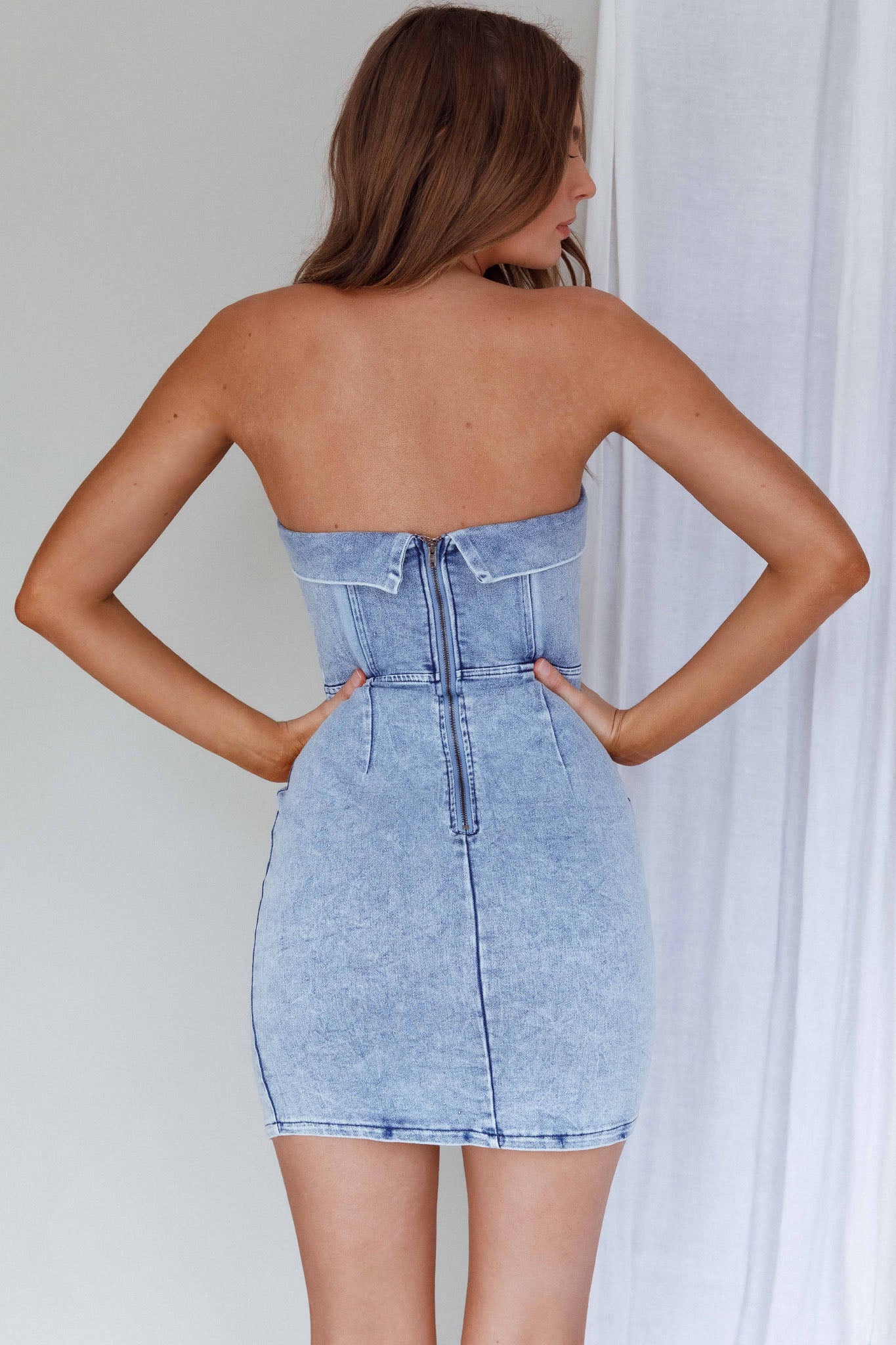 Press Play Strapless Mini Dress Denim Blue-Maymioy