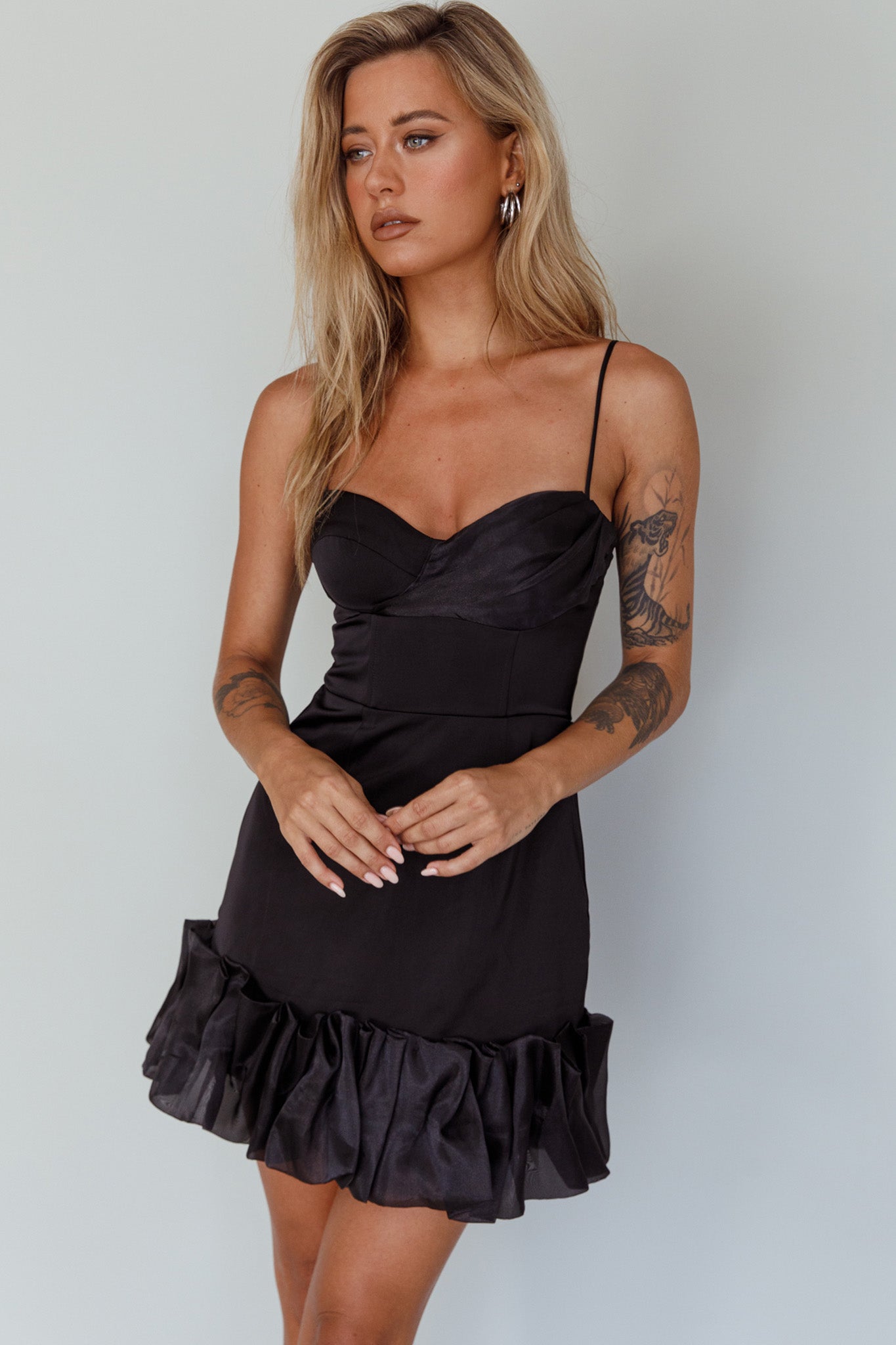 Buona Sera Hem Decoration Mini Dress Black-Maymioy