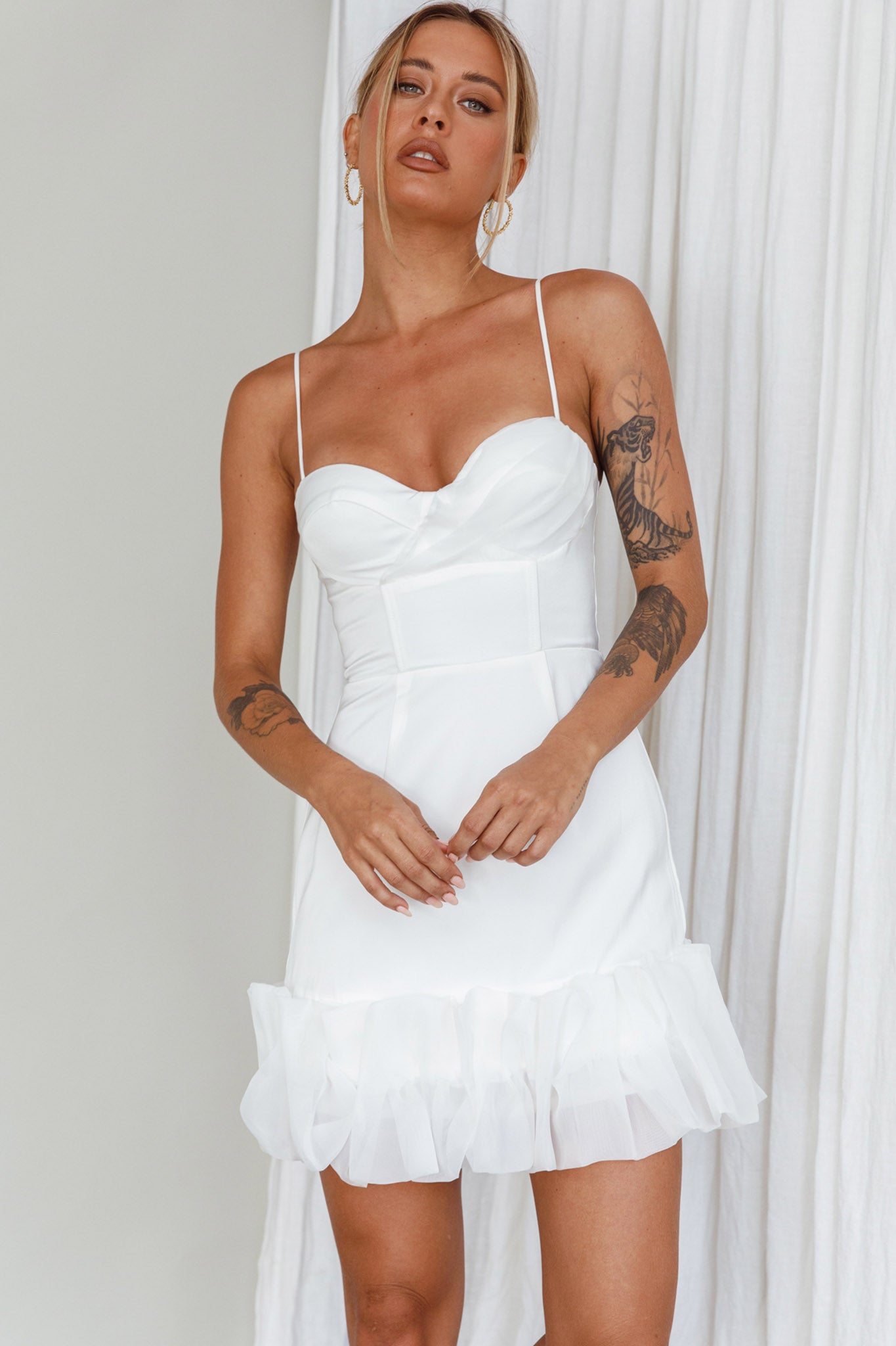 Buona Sera Hem Decoration Mini Dress White-Maymioy