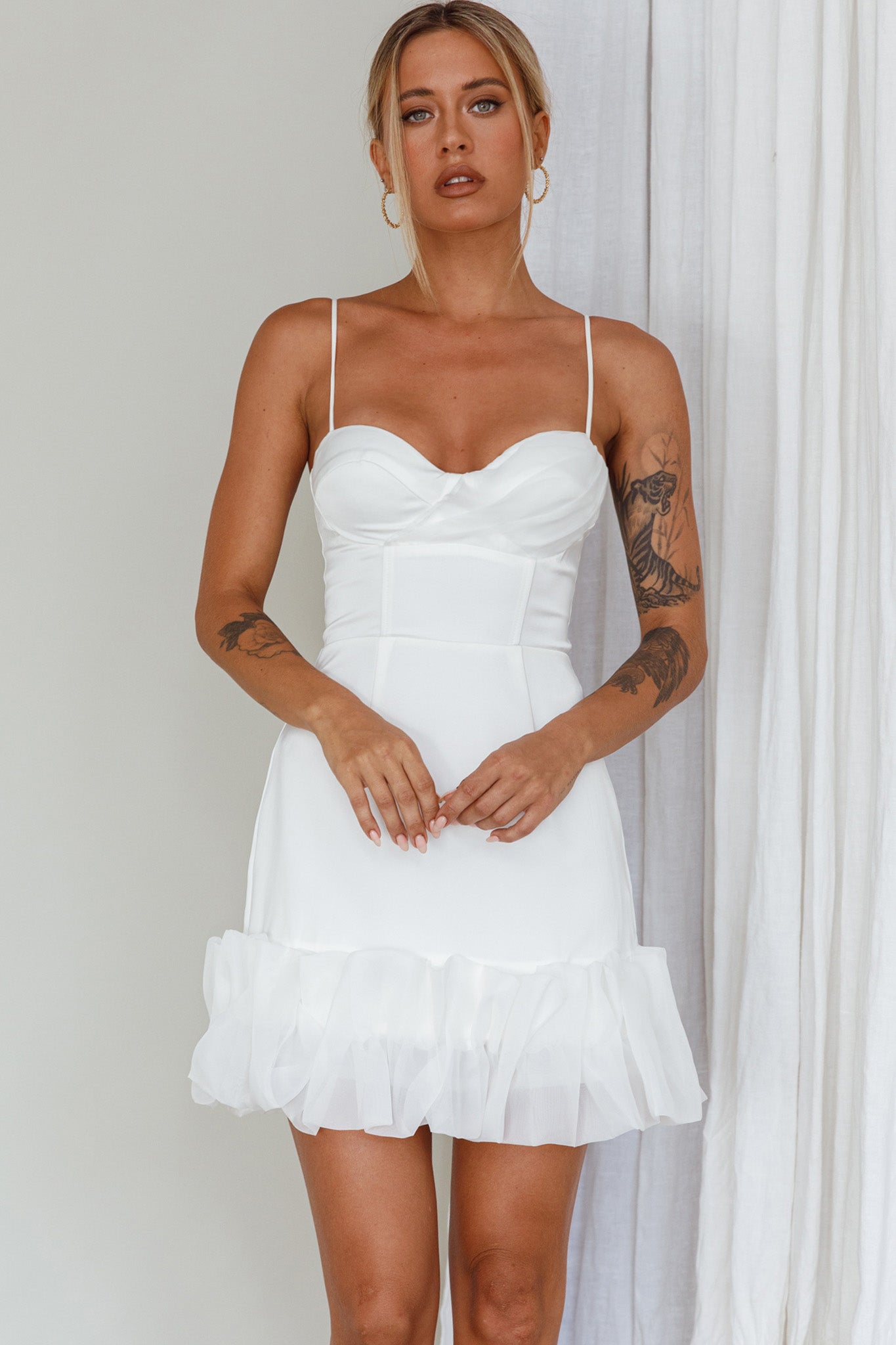 Buona Sera Hem Decoration Mini Dress White-Maymioy
