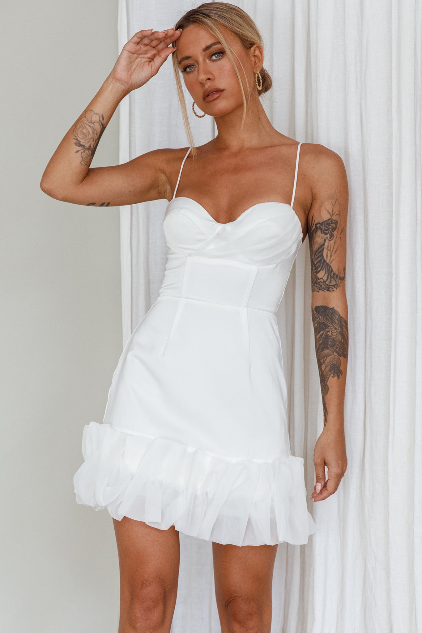 Buona Sera Hem Decoration Mini Dress White-Maymioy