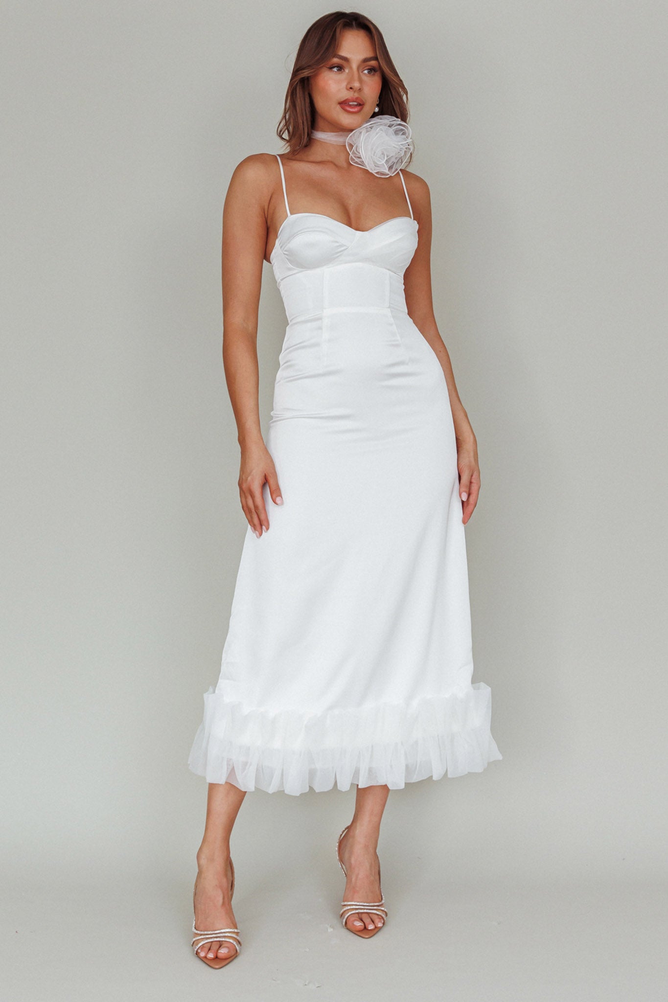 Buona Sera Hem Decoration Midi Dress White-Maymioy