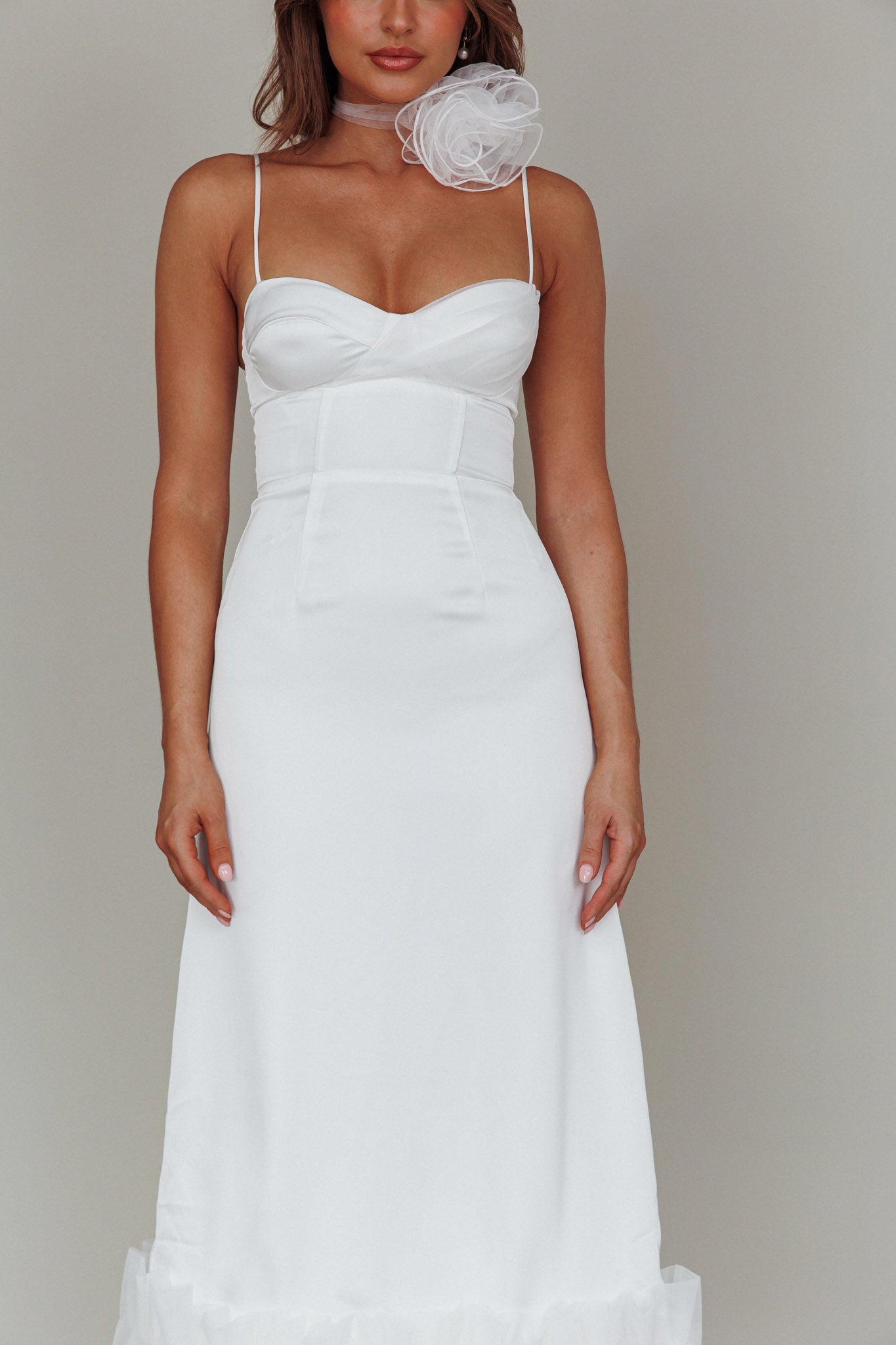 Buona Sera Hem Decoration Midi Dress White-Maymioy