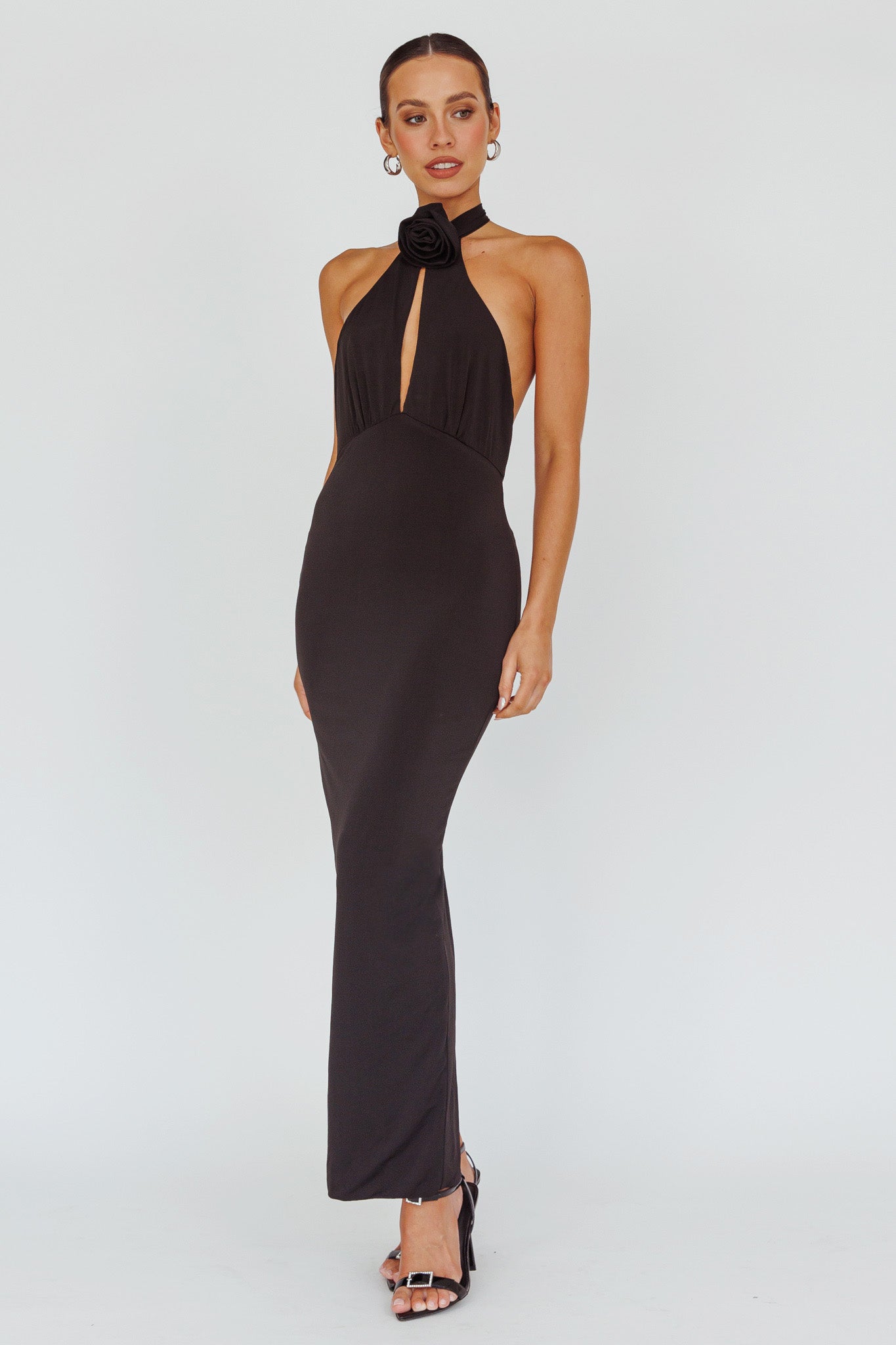 Simha Rose Halterneck Midi Dress Black-Maymioy
