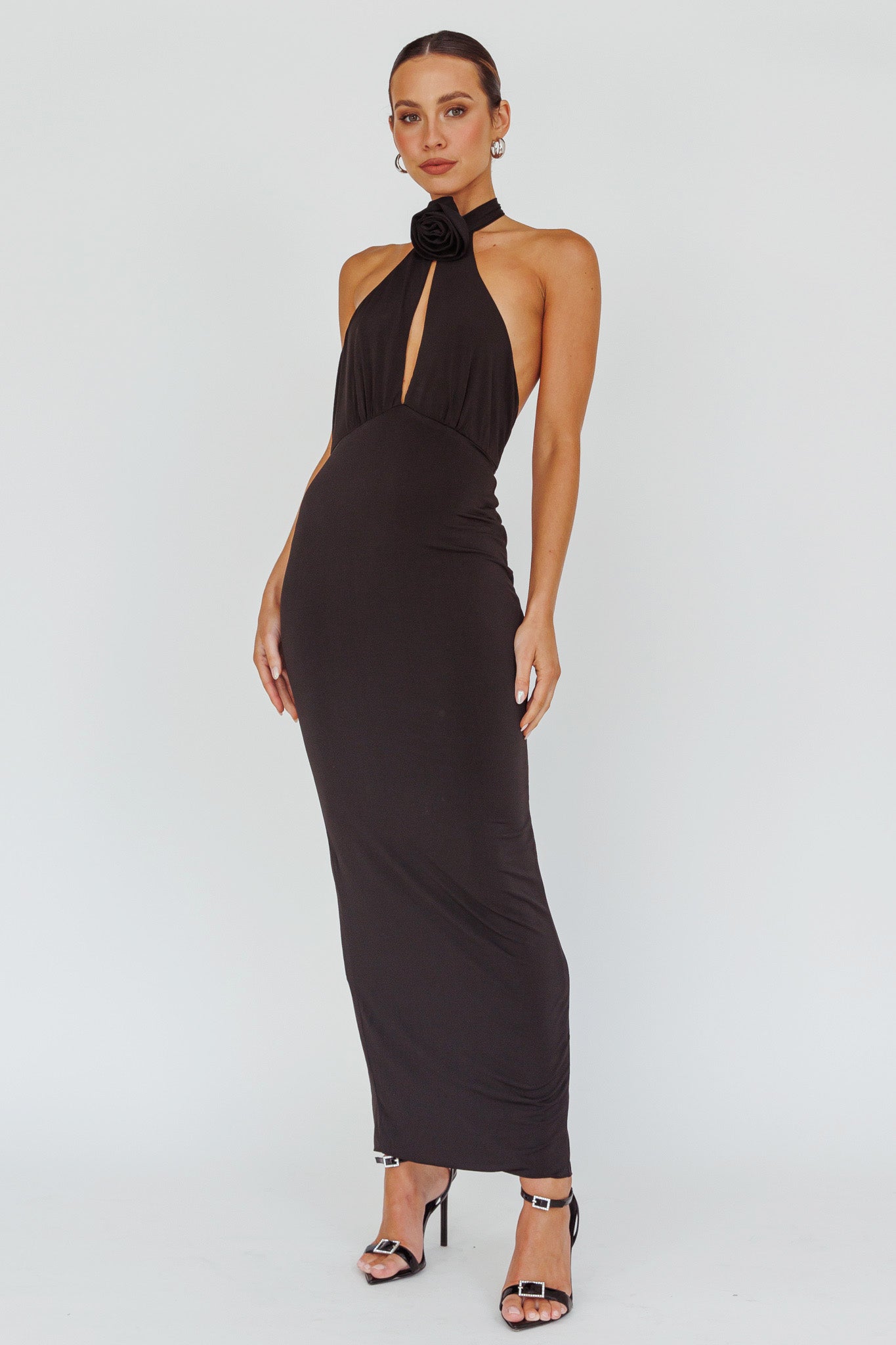 Simha Rose Halterneck Midi Dress Black-Maymioy