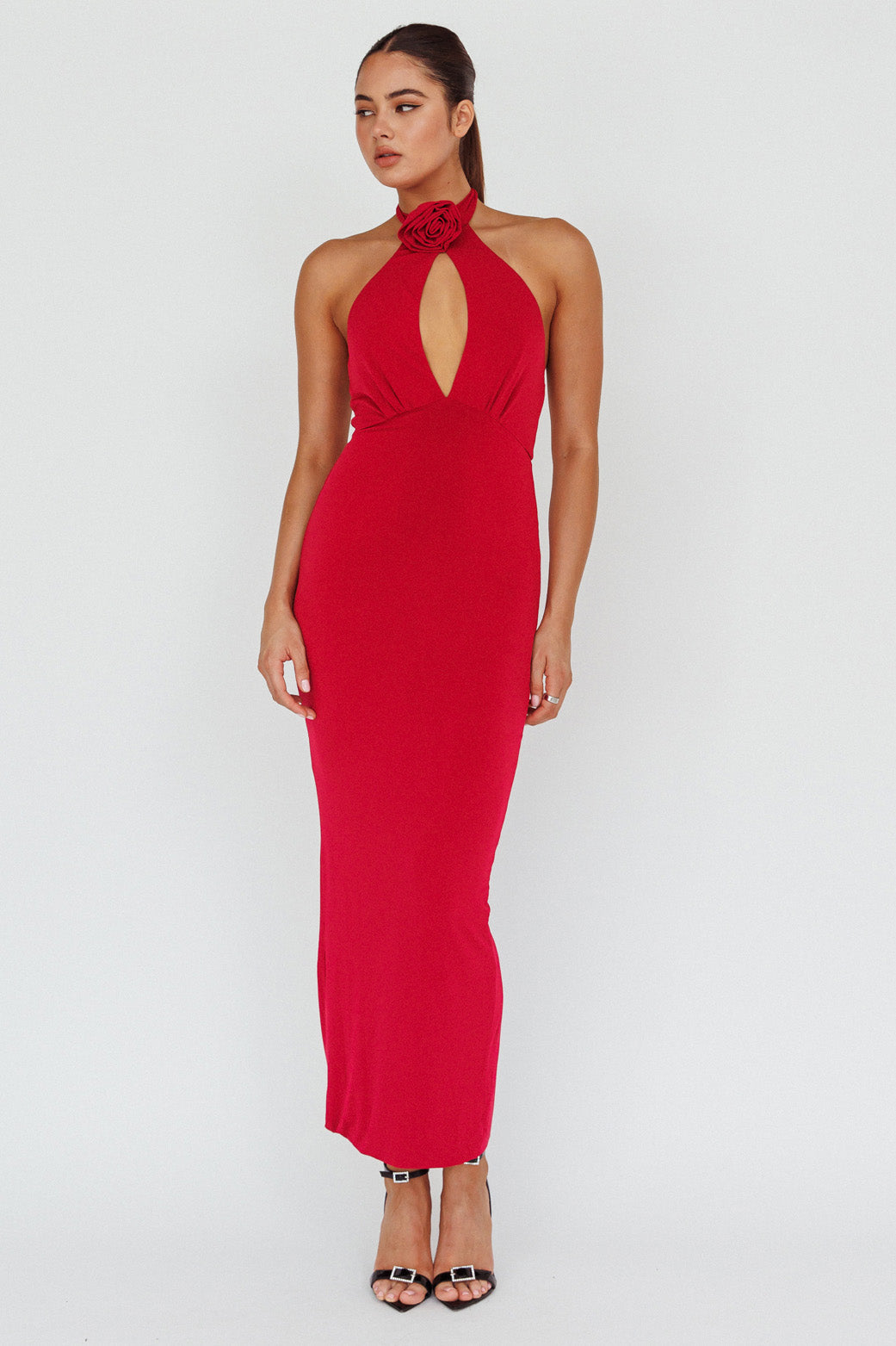 Simha Rose Halterneck Midi Dress Red-Maymioy