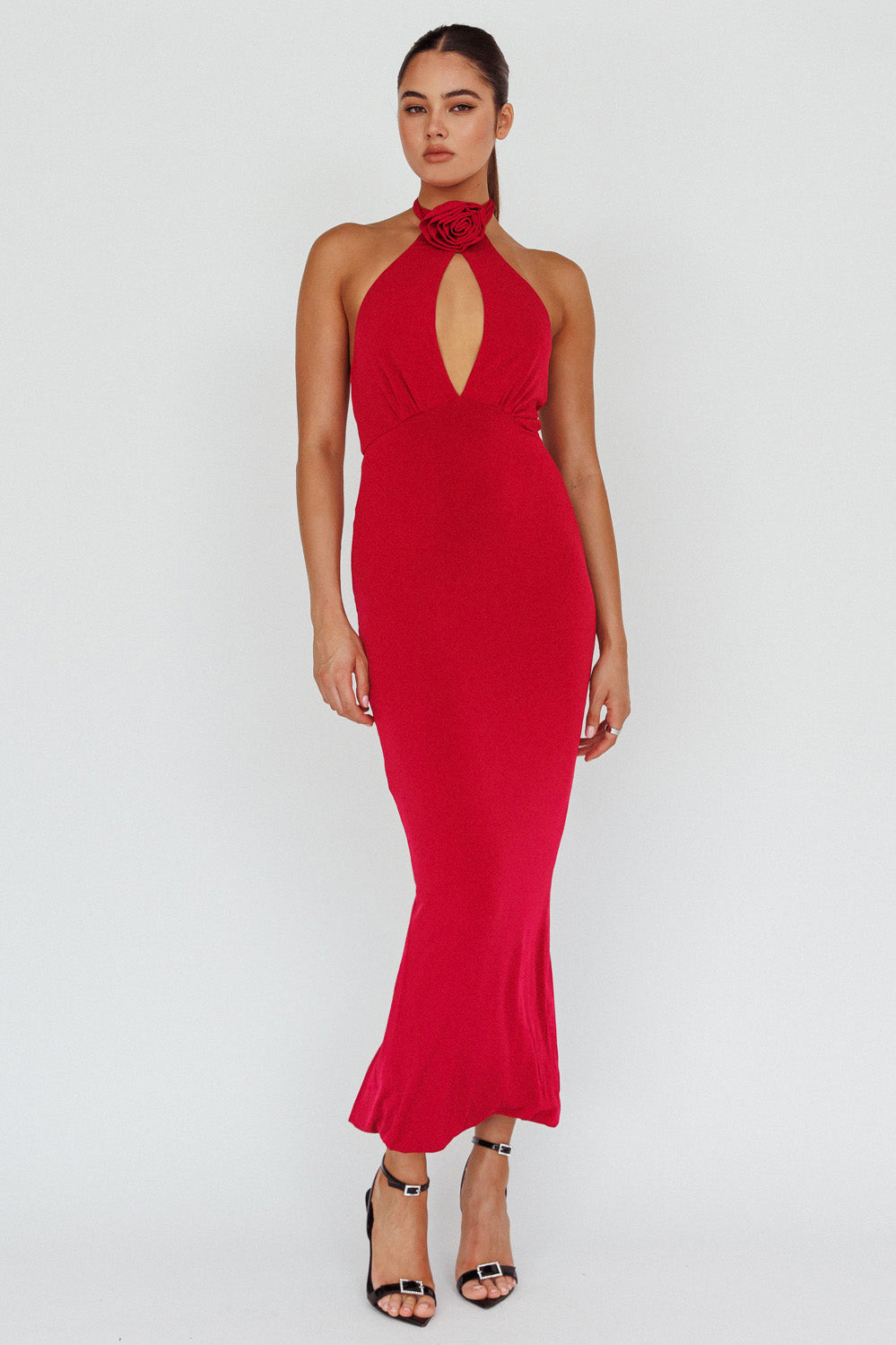 Simha Rose Halterneck Midi Dress Red-Maymioy