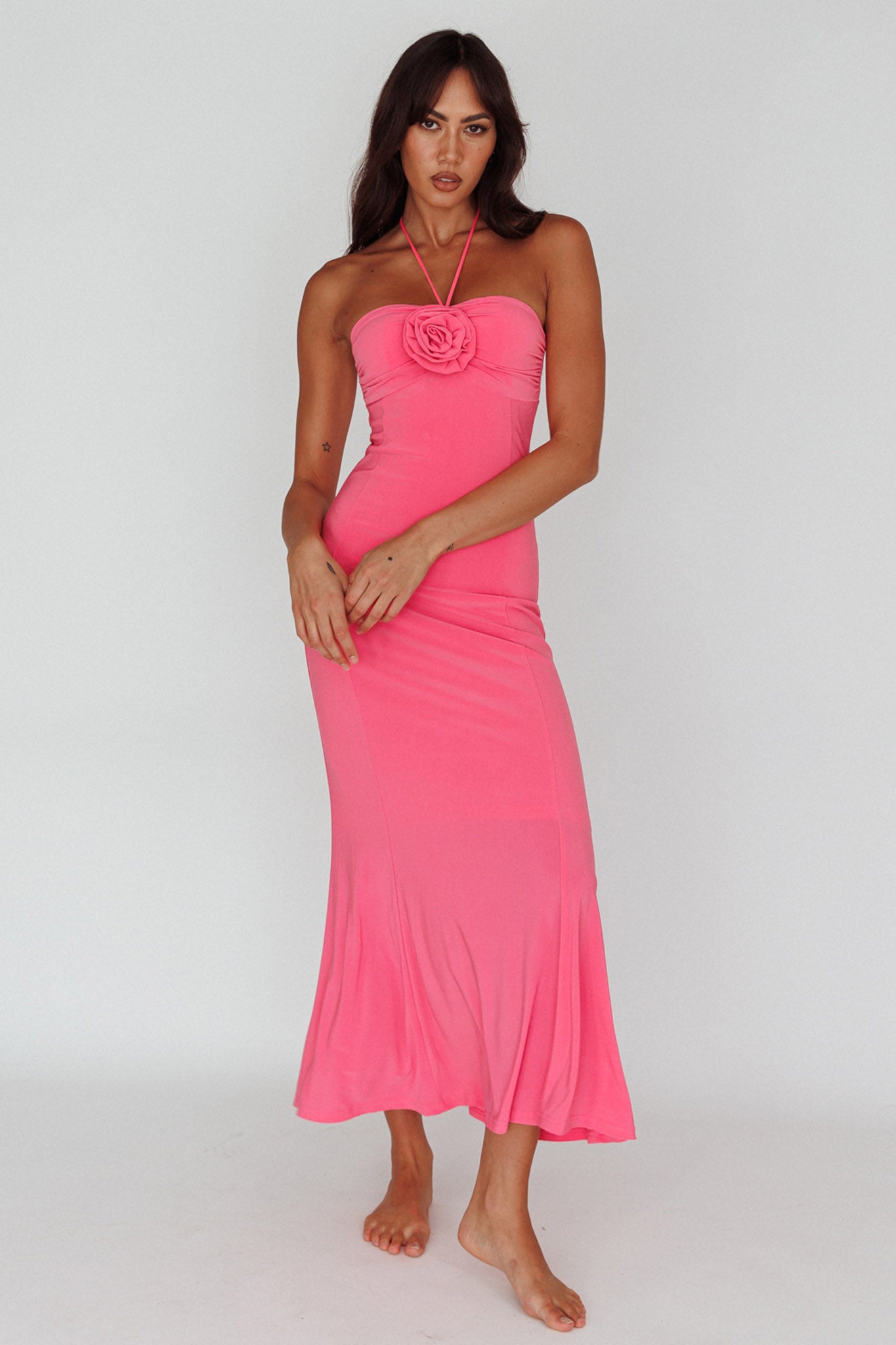Ibiza Sunset Bust Flower Midi Dress Hot Pink-Maymioy