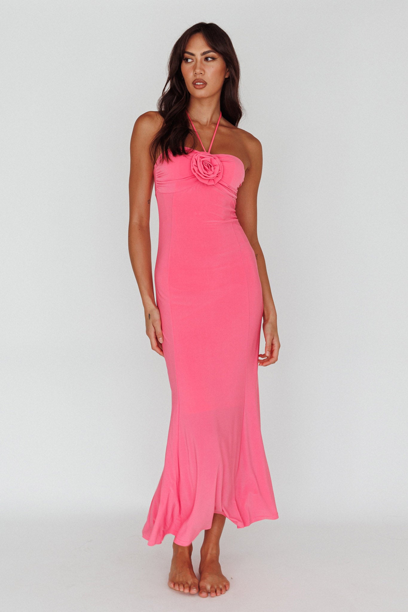 Ibiza Sunset Bust Flower Midi Dress Hot Pink-Maymioy