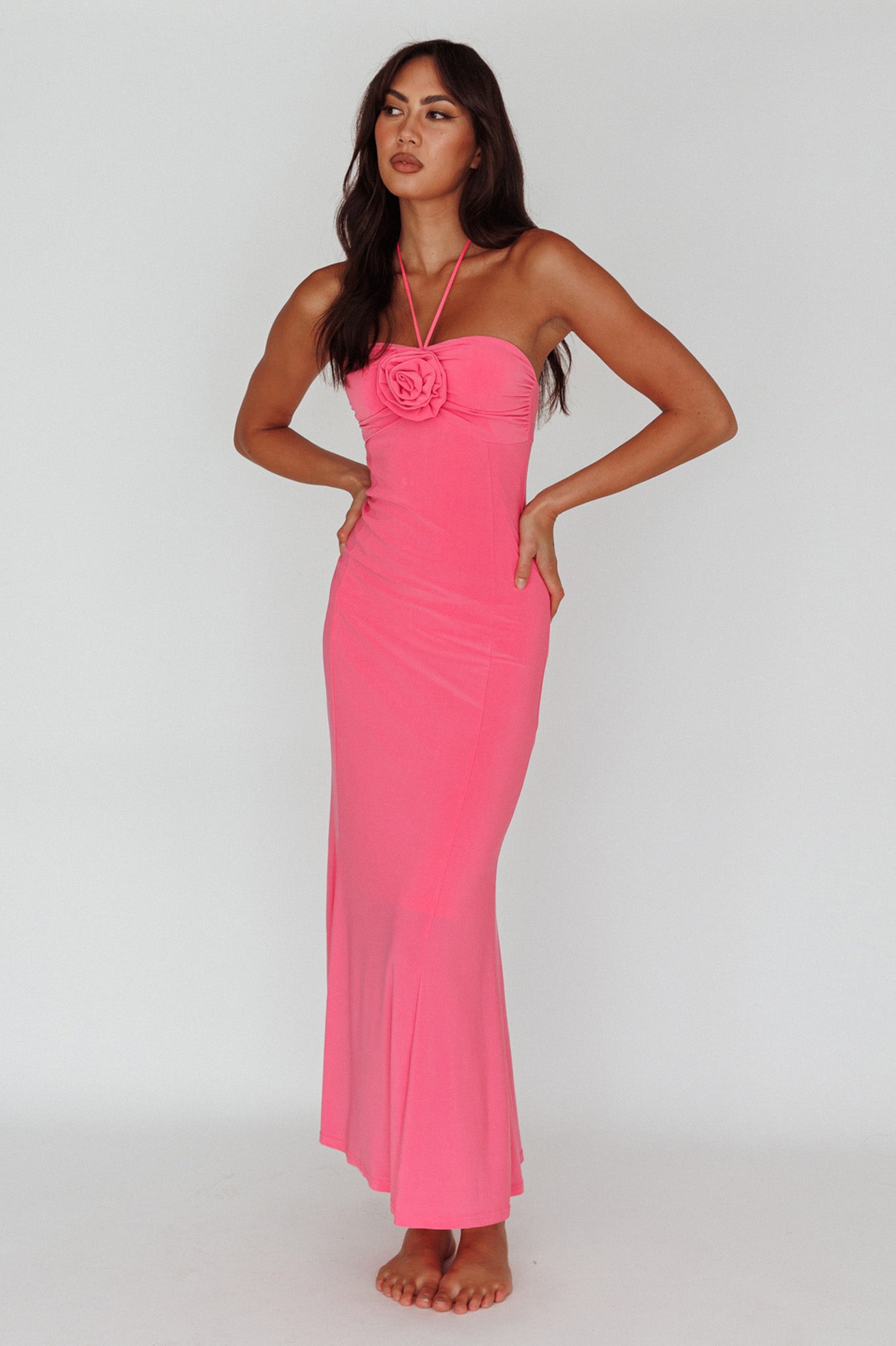 Ibiza Sunset Bust Flower Midi Dress Hot Pink-Maymioy