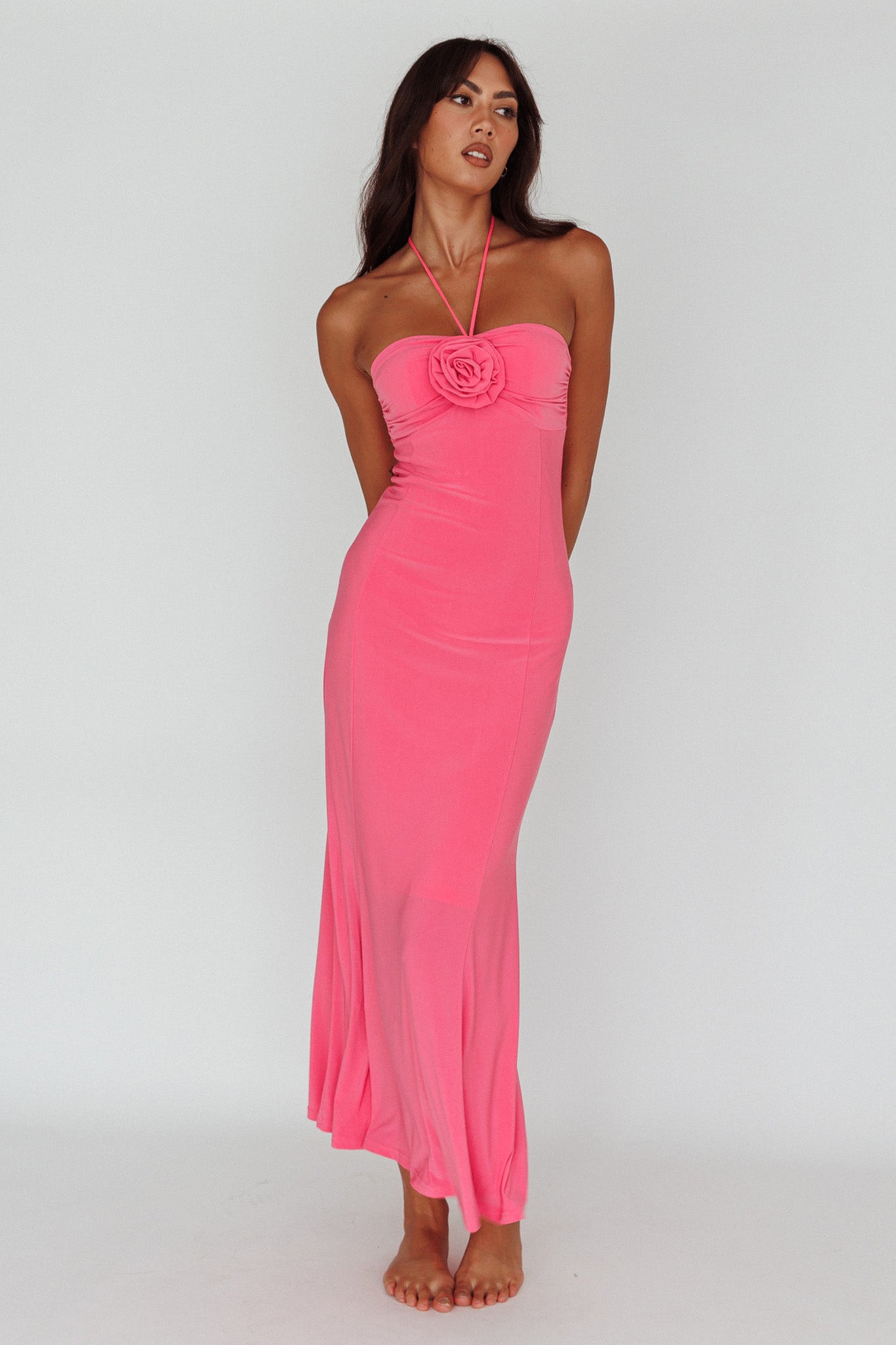 Ibiza Sunset Bust Flower Midi Dress Hot Pink-Maymioy