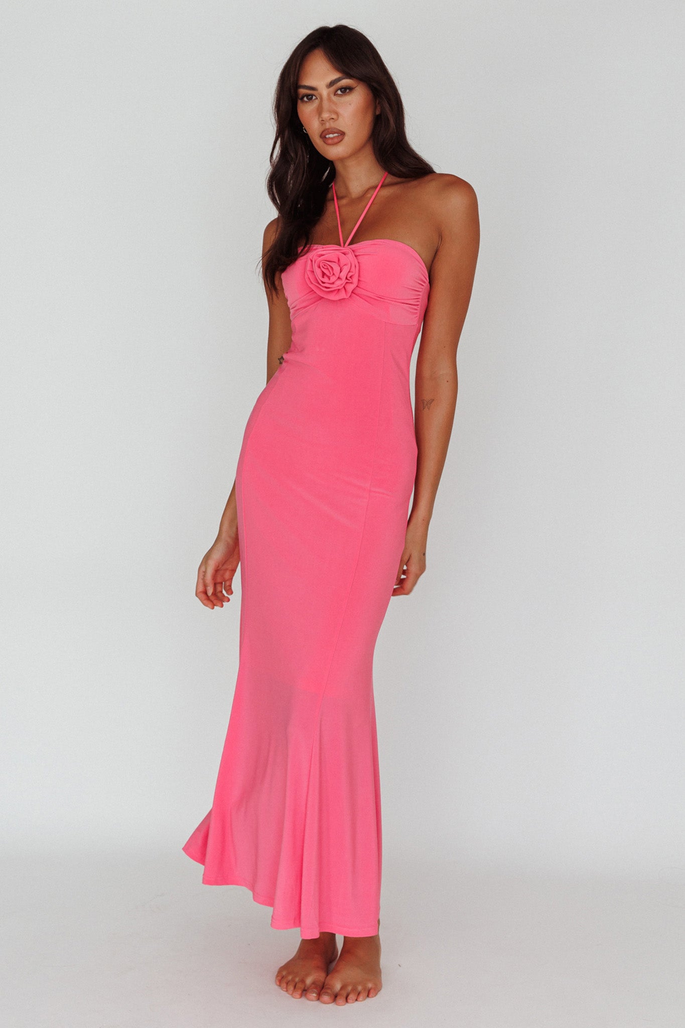 Ibiza Sunset Bust Flower Midi Dress Hot Pink-Maymioy