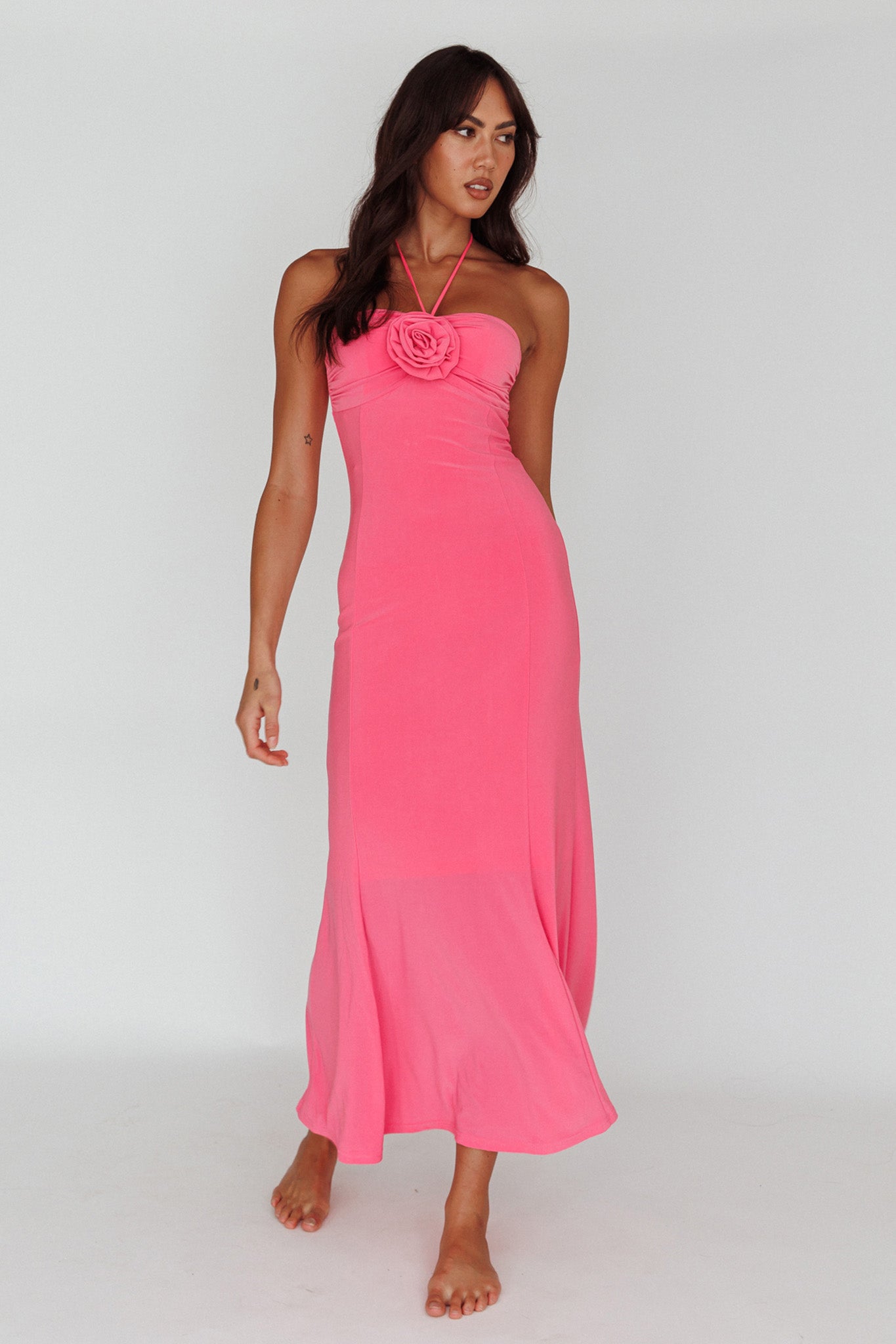 Ibiza Sunset Bust Flower Midi Dress Hot Pink-Maymioy