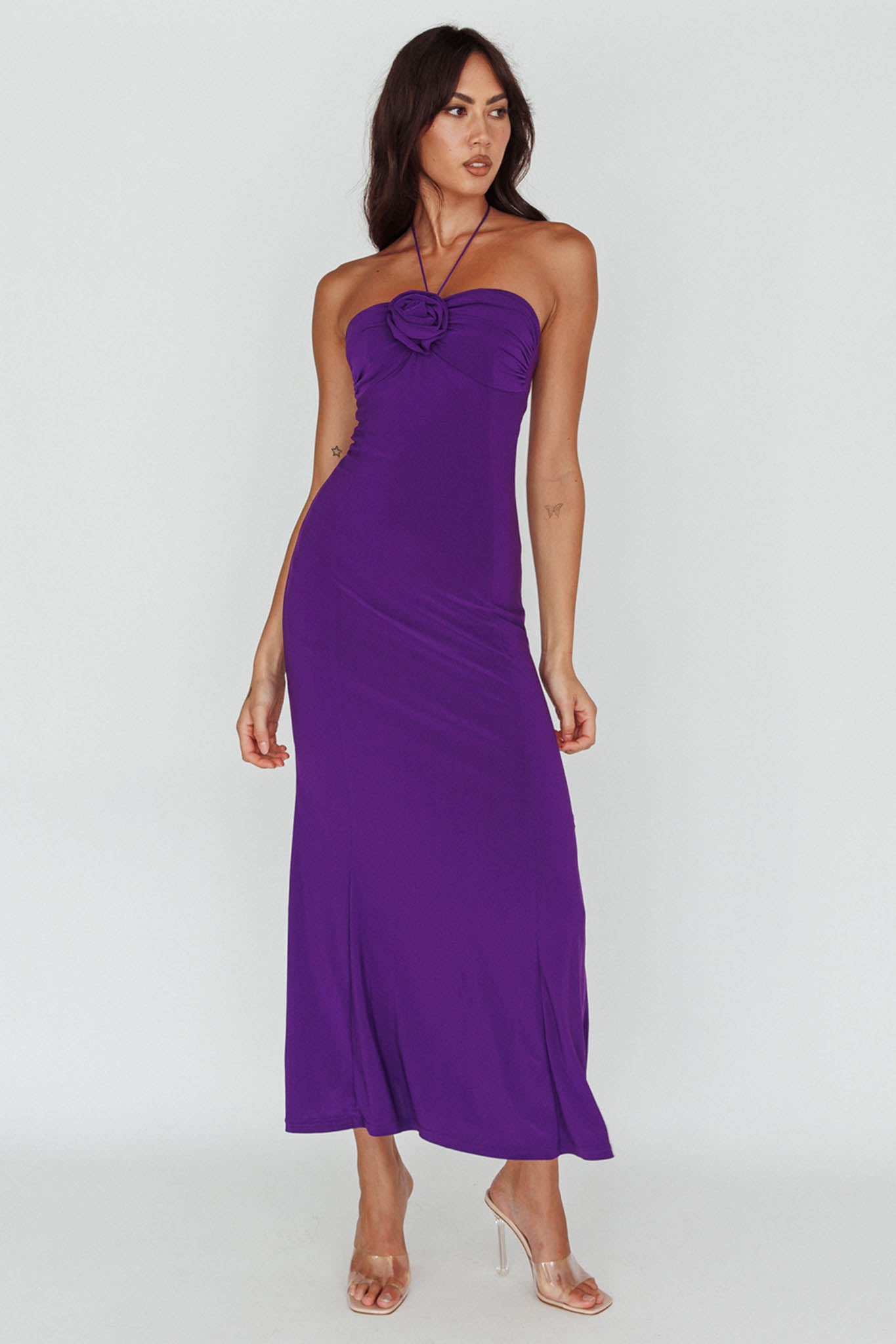 Ibiza Sunset Bust Flower Midi Dress Purple-Maymioy