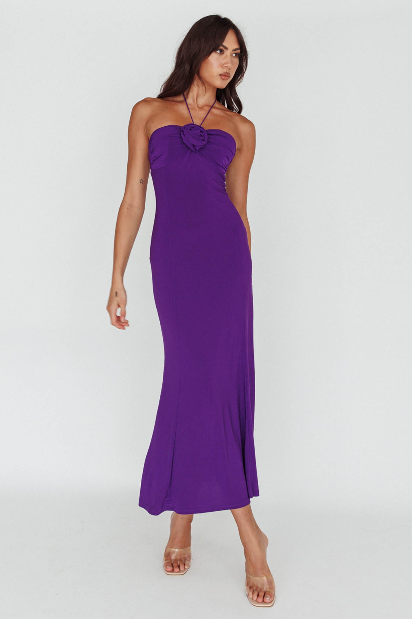 Ibiza Sunset Bust Flower Midi Dress Purple-Maymioy